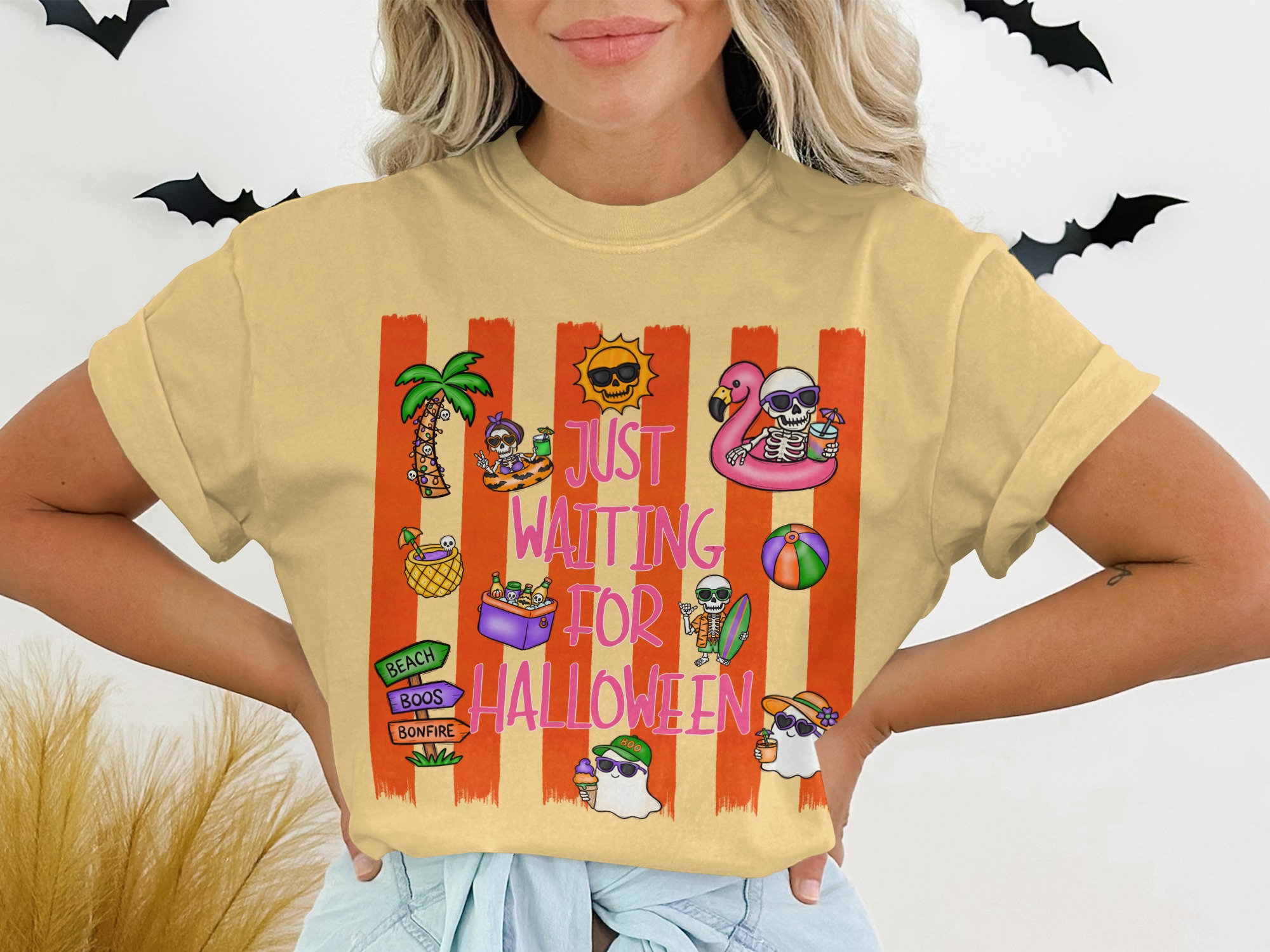 Just Waiting For Halloween Beach Vacation T-Shirt, Spooky Season Summer Vibes Shirt, Cute Skeleton Ghost Tee - Image 7