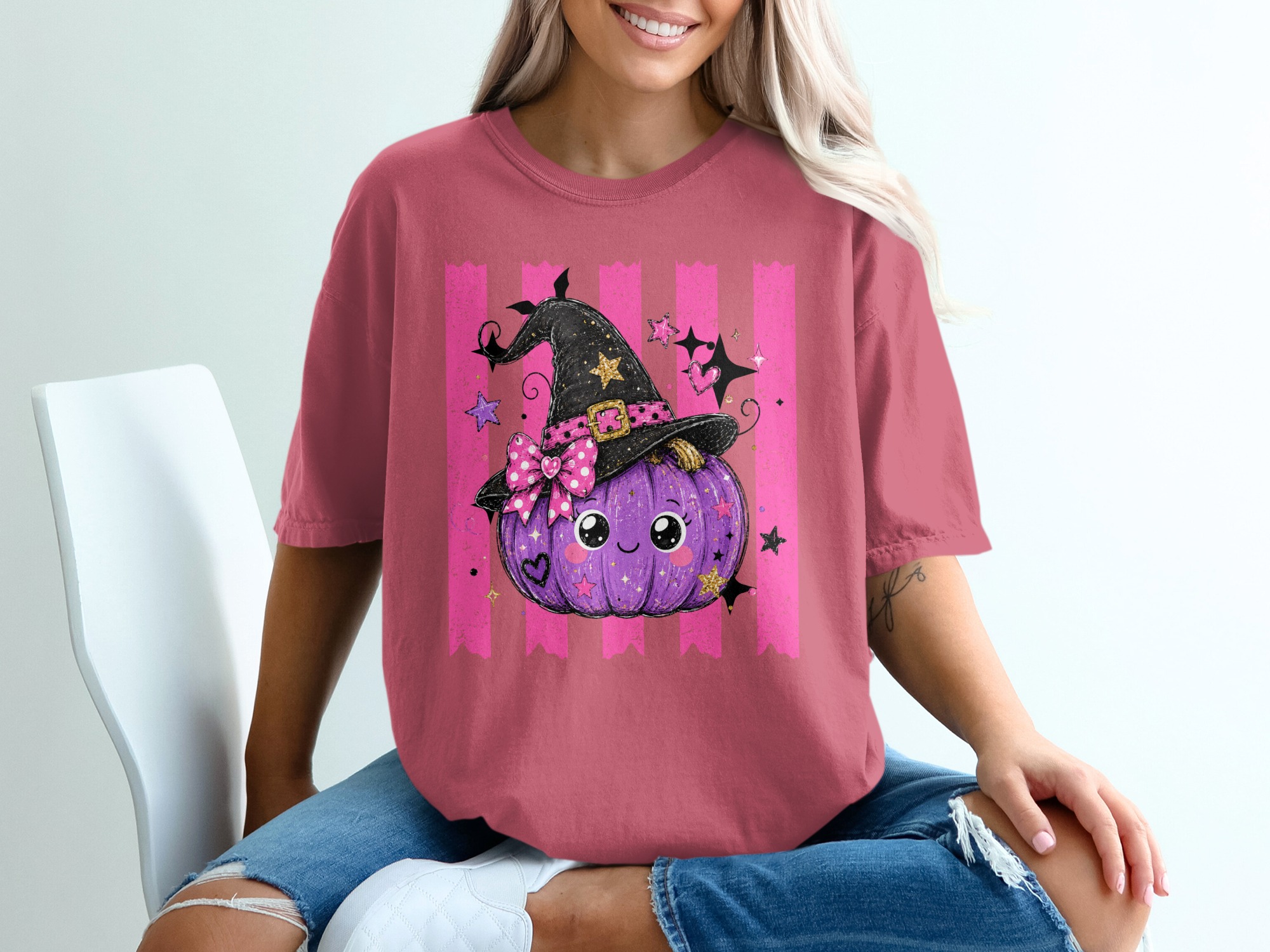Cute Witch Pumpkin T-Shirt | Adorable Halloween Shirt for Women & Girls | Spooky Season Tee Gift Idea - Image 7