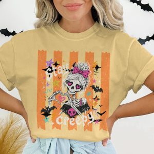 Creepy Cute Skeleton Messy Bun T-Shirt, Goth Girl Heart Eye Skull Halloween Tee, Spooky Season Alt Aesthetic Top for Her Gift