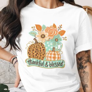 Comfort Colors® Thankful Blessed T-Shirt, Autumn Fall Pumpkin Leopard Plaid Floral Thanksgiving Graphic Tee, Cozy Harvest Gift