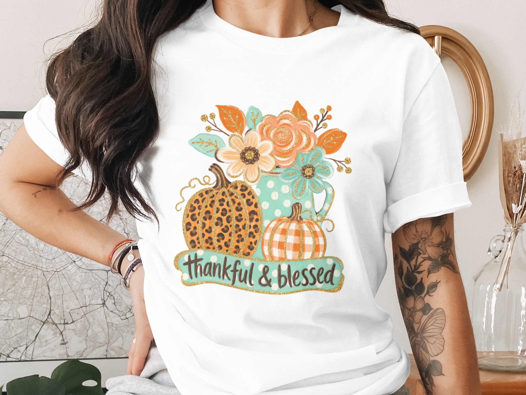 Comfort Colors® Thankful Blessed T-Shirt, Autumn Fall Pumpkin Leopard Plaid Floral Thanksgiving Graphic Tee, Cozy Harvest Gift