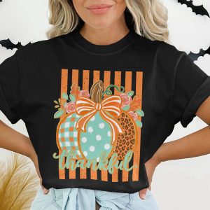 Thankful Pumpkin Patch Fall T-Shirt, Boho Leopard Gingham Polka Dot Autumn Harvest Thanksgiving Graphic Tee for Women