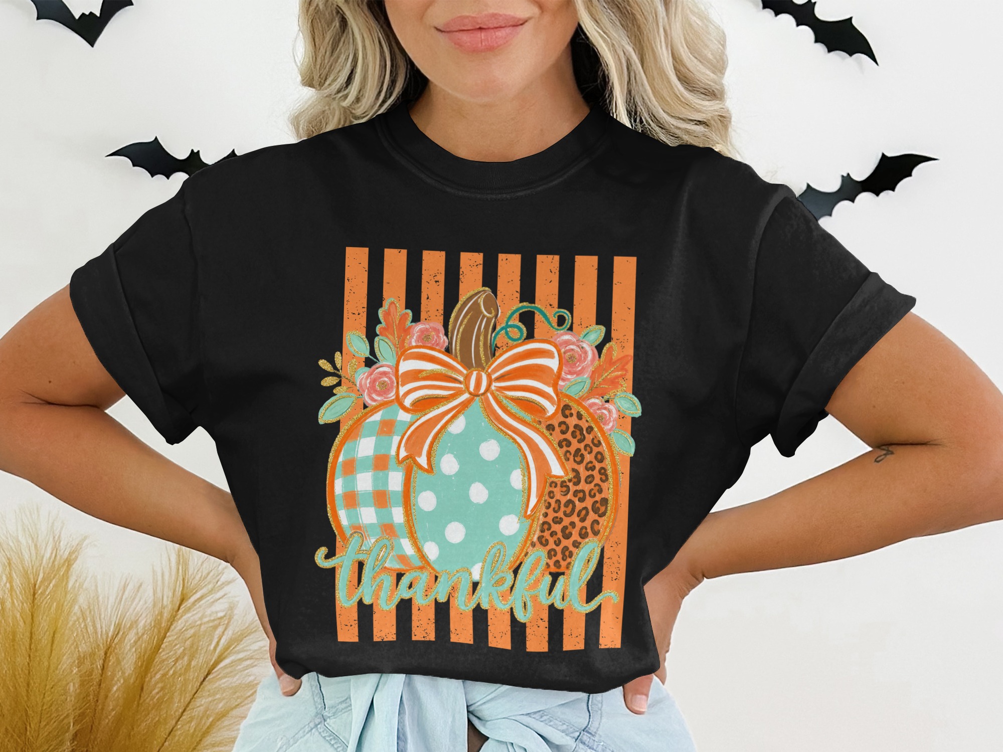 Thankful Pumpkin Patch Fall T-Shirt, Boho Leopard Gingham Polka Dot Autumn Harvest Thanksgiving Graphic Tee for Women
