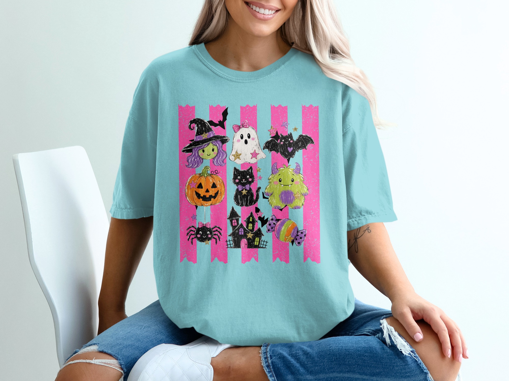 Cute Halloween T-Shirt, Spooky Season Witch Ghost Bat Pumpkin Cat Monster Spider Haunted House Candy Pink Stripes Graphic Tee - Image 8