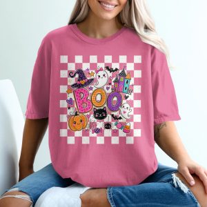Cute Spooky Boo Halloween T-Shirt for Women, Aesthetic Boho Ghost Witch Hat Funny Pumpkin Trick or Treat Tee
