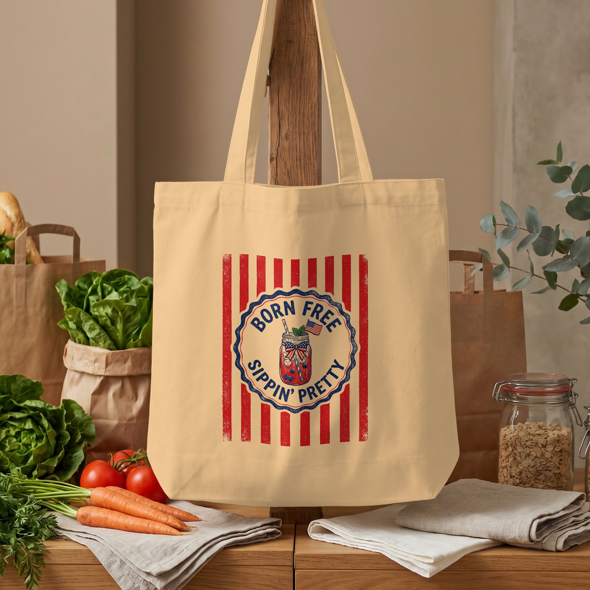Born Free Sippin' Pretty Patriotic Tote Bag | Vintage Americana Summer Beach Bag | 4th of July Gift for Her - Image 4
