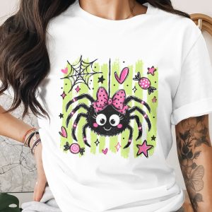 Comfort Colors ® Spooky Cute Spider T-Shirt, Halloween Women's Tee, Kawaii Spider with Bow, Pink and Green Halloween Shirt
