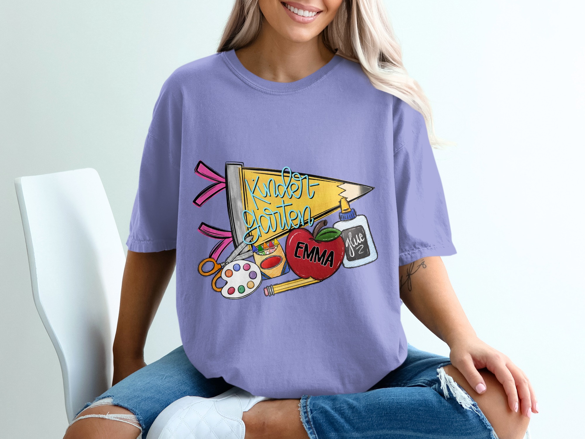 Personalized Kindergarten Teacher Gift T-Shirt | Custom School Supplies Back To School Kids Shirt | First Day Of Kinder Apparel - Image 18