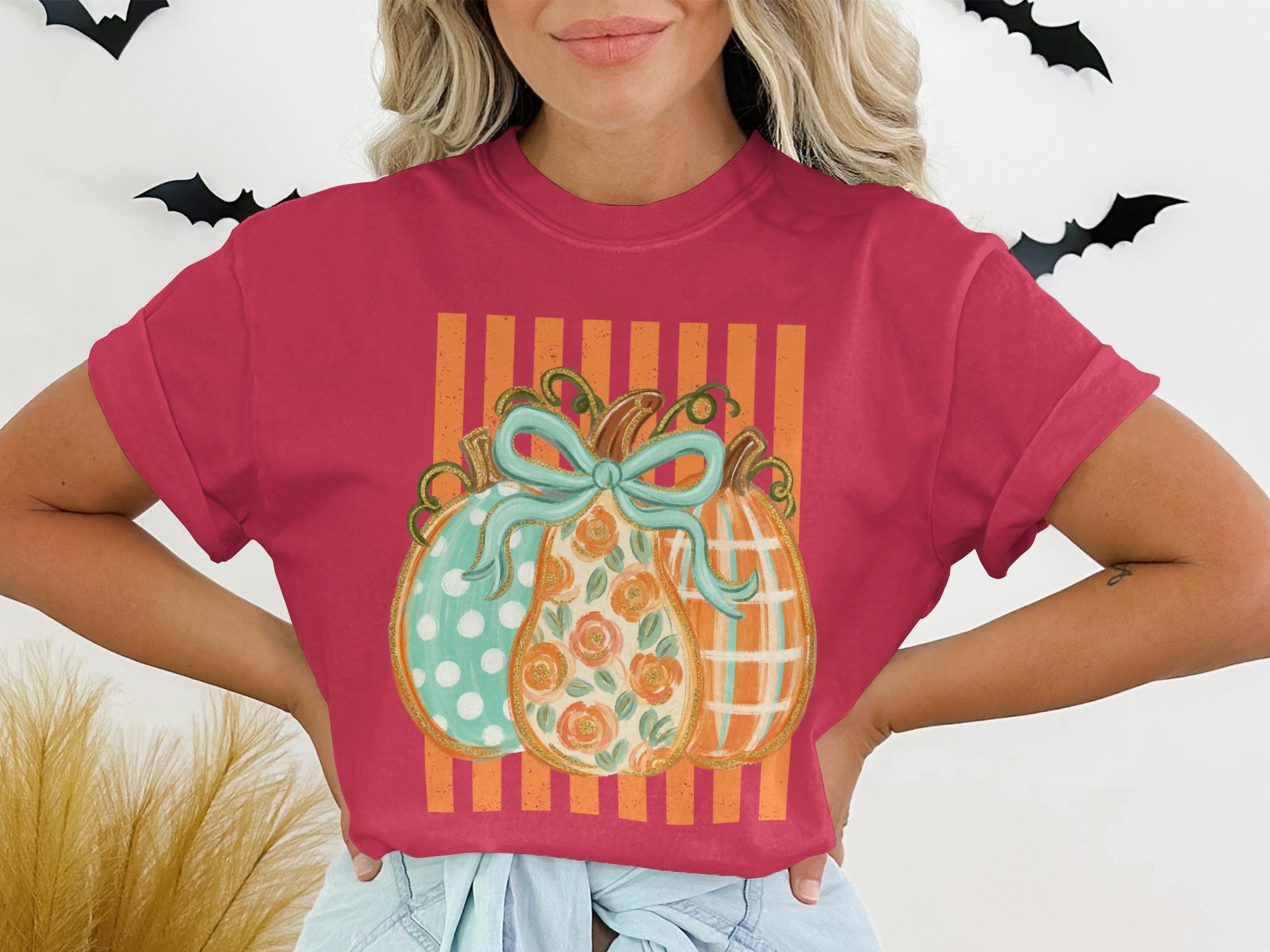 Cozy Autumn Pumpkins T-Shirt | Women's Fall Decor Graphic Tee with Faux Gold Outline & Teal Bow for Harvest Season - Image 11