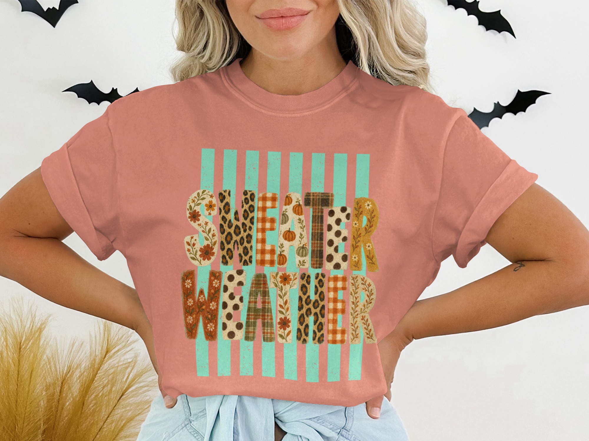 Sweater Weather T-Shirt | Fall Vibes Autumn Graphic Tee | Cute Pumpkin Leopard Print Plaid Women's Shirt | Cozy Season Top Gift - Image 2