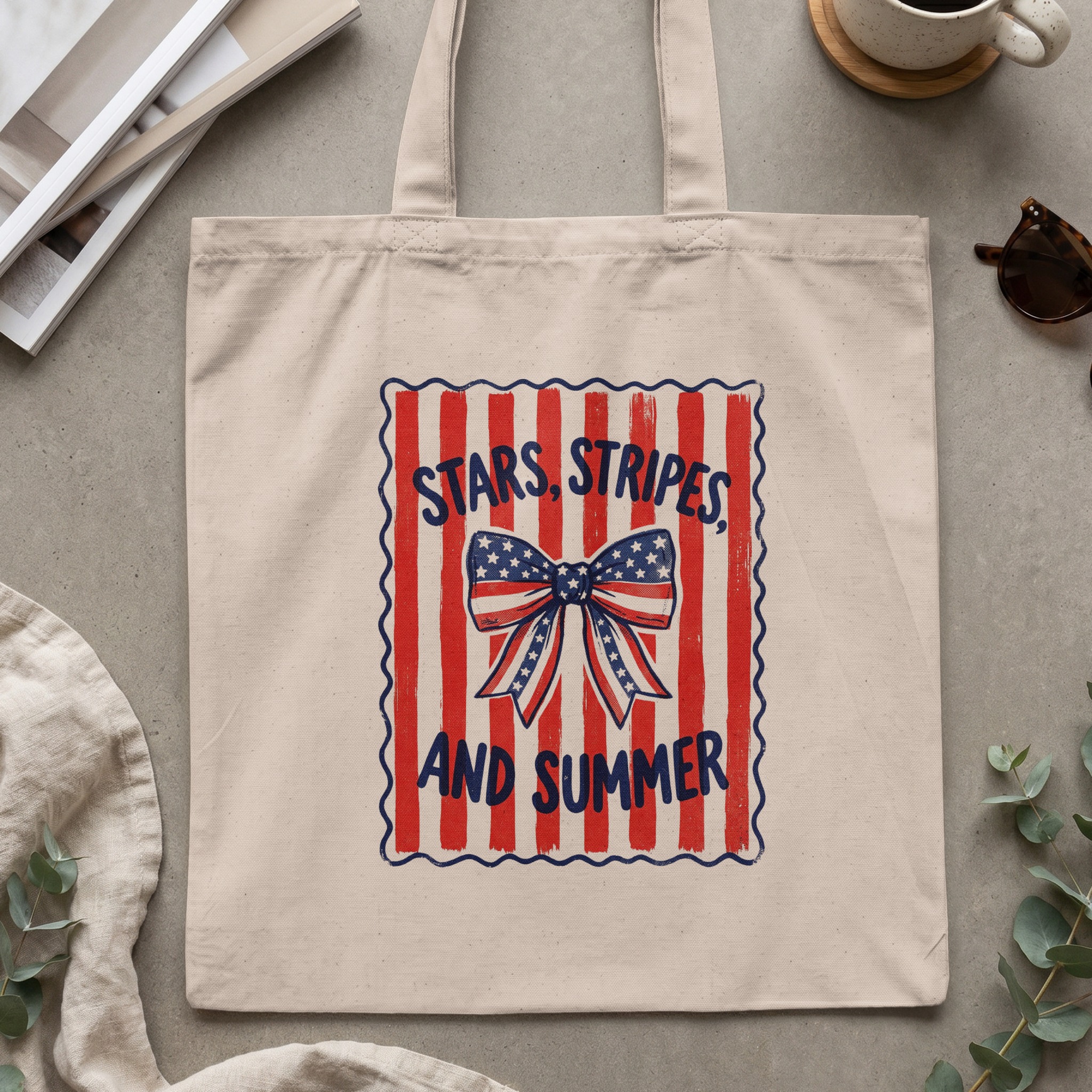 Stars, Stripes, and Summer Tote Bag | Patriotic American Flag Bow Design | Vintage Style Summer Canvas Bag Gift - Image 2