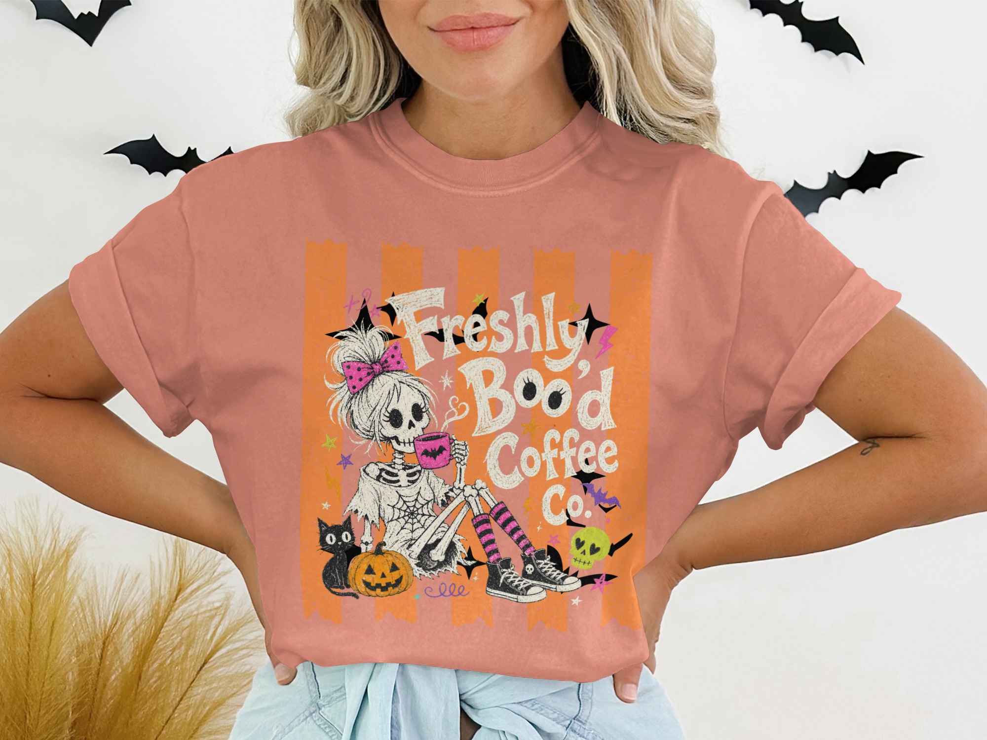 Freshly Brewed Coffee Skeleton T-Shirt, Spooky Season Tee, Halloween Coffee Lover Shirt, Cute Goth Skull Top - Image 2