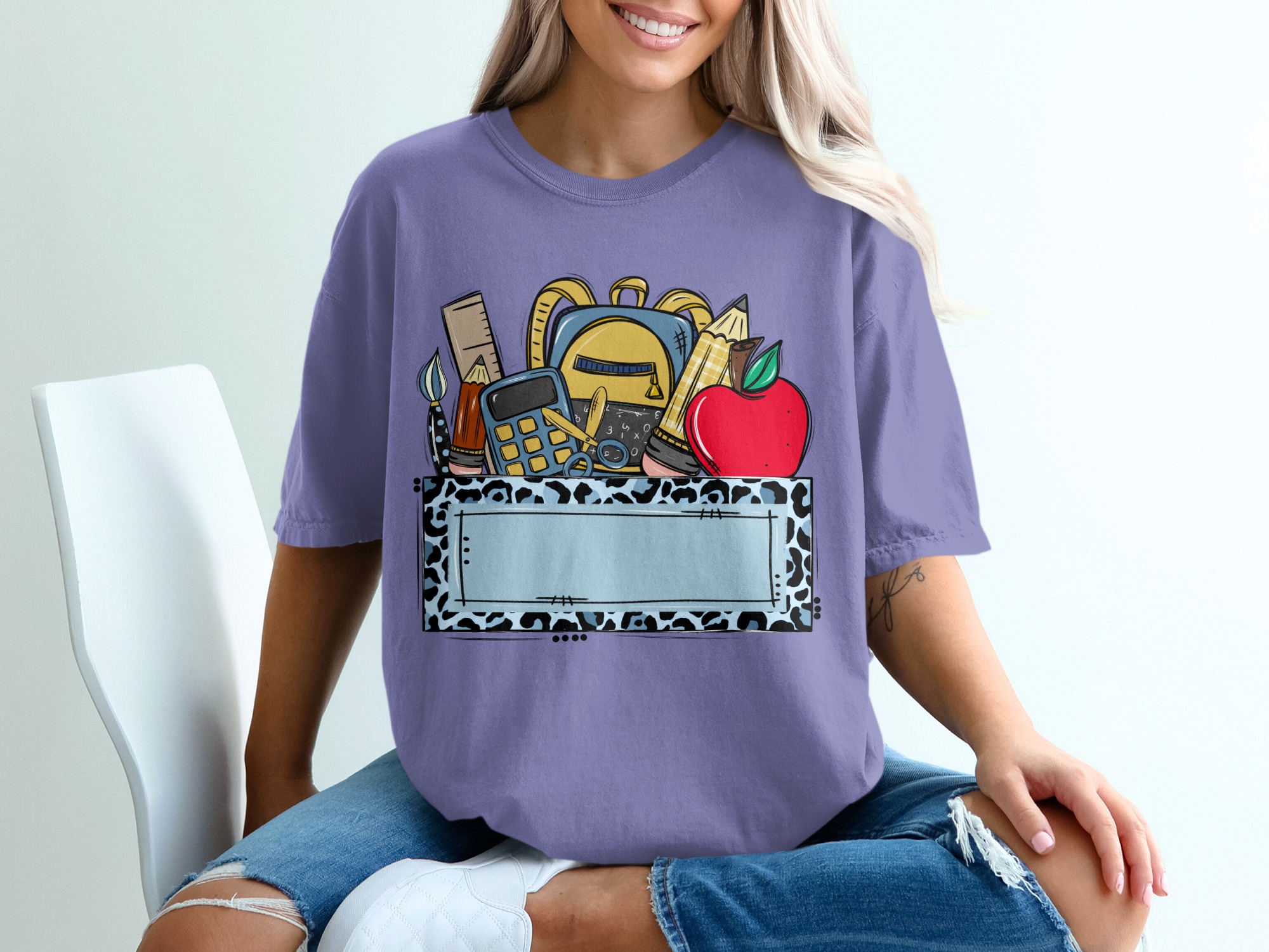Custom Teacher T-Shirt, Personalized School Supplies Tee with Blue Leopard Print, Back to School Educator Gift, Made to Order Mascot Name - Image 13