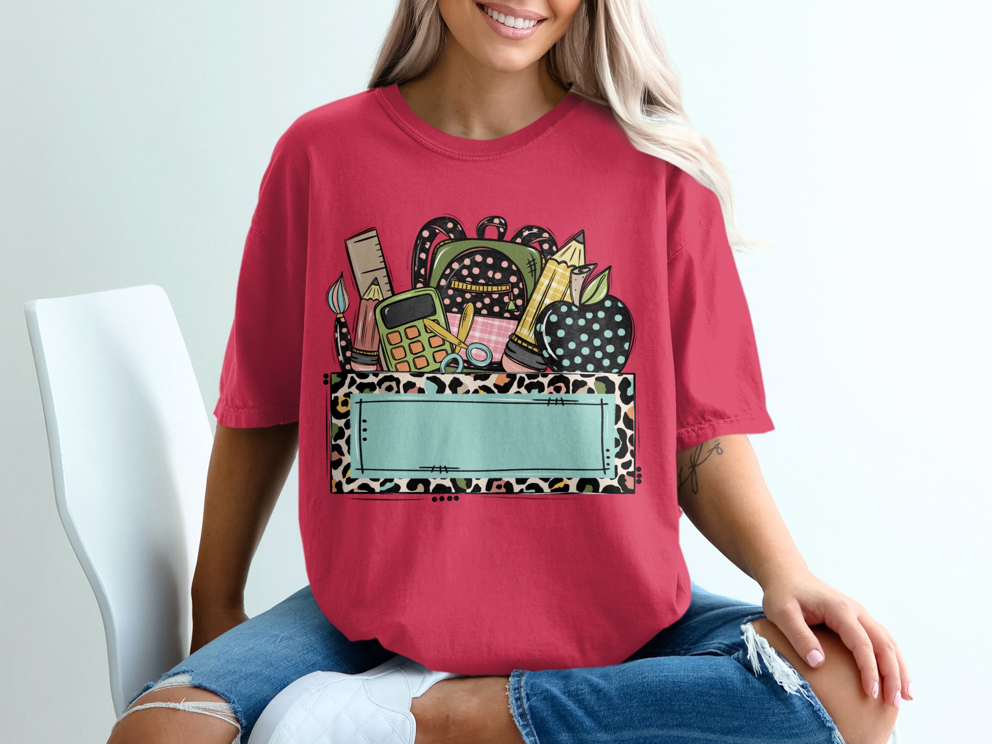 Custom Teacher School Supplies T-Shirt | Personalized Educator Gift, Back to School, Leopard Print Top - Image 14