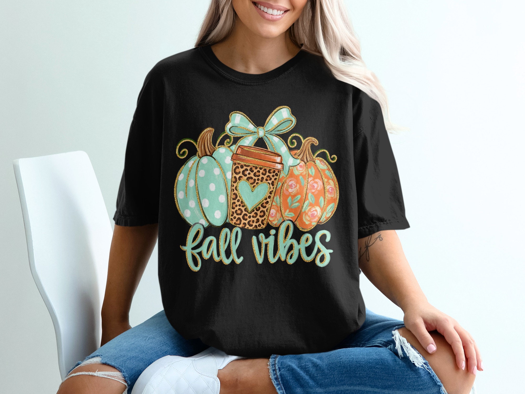 Comfort Colors ® Fall Vibes Pumpkin Leopard Coffee Floral T-Shirt, Cute Autumn Graphic Tee, Boho Cozy Seasonal Gift for Her - Image 4
