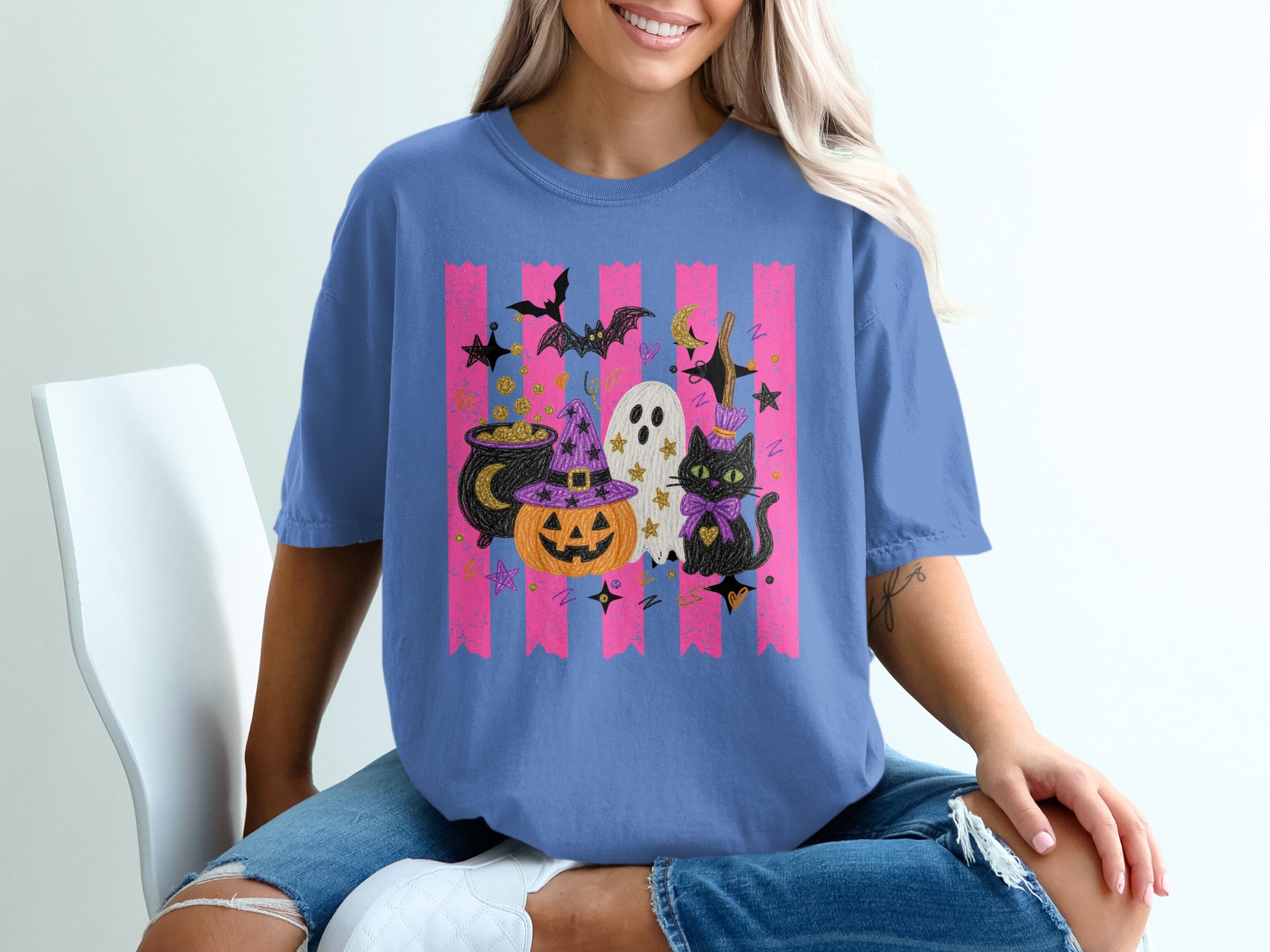 Cute Halloween T-Shirt for Women, Spooky Season Ghoul Gang Shirt, Pink Witchy Pumpkin Ghost Cat Tee, Kawaii Fall Gift Idea - Image 9