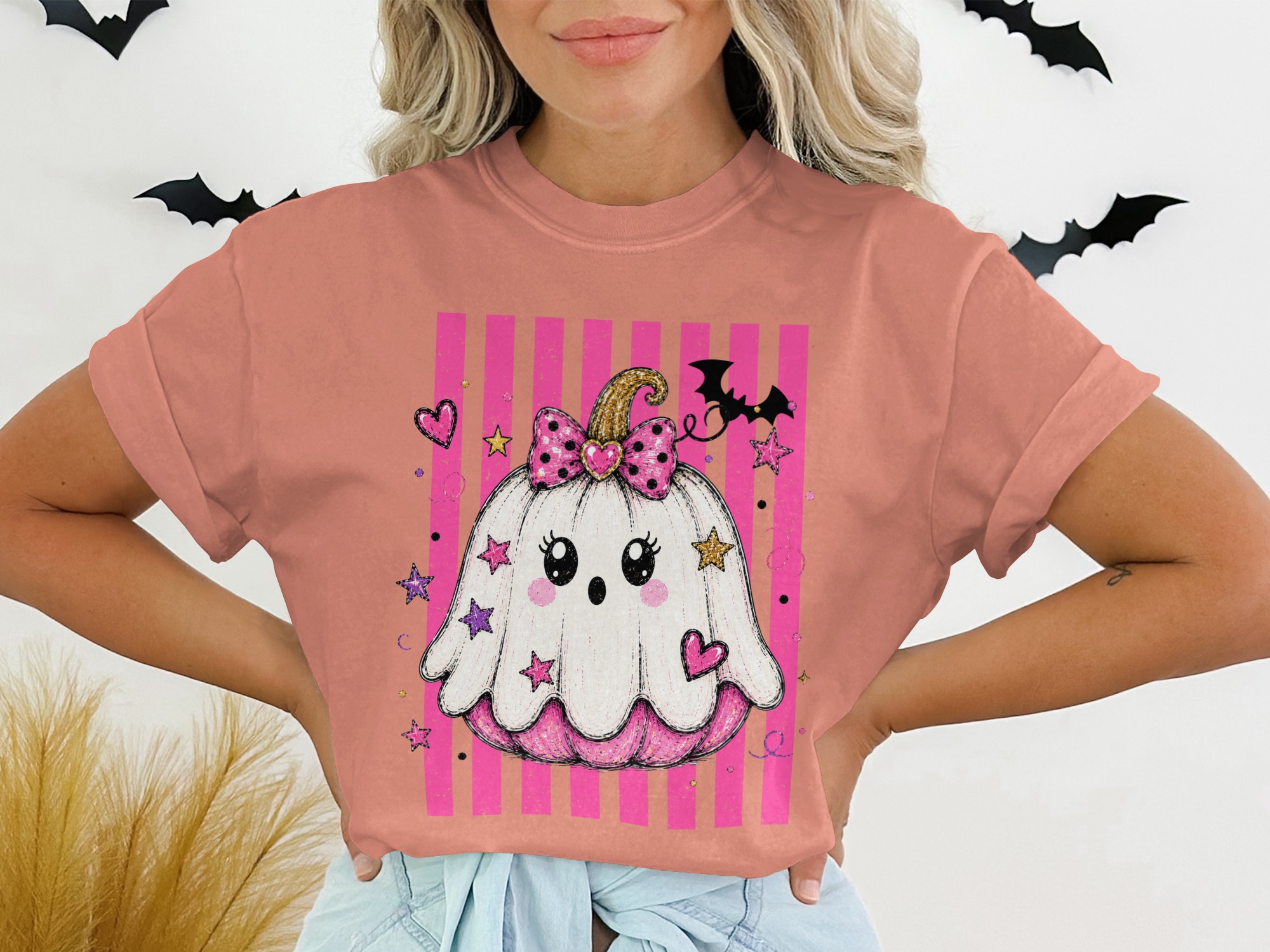 Cute Ghost Pumpkin Halloween Shirt, Spooky Kawaii Pumpkin T-Shirt, Pink Goth Halloween Tee, Trick or Treat Top - Image 3