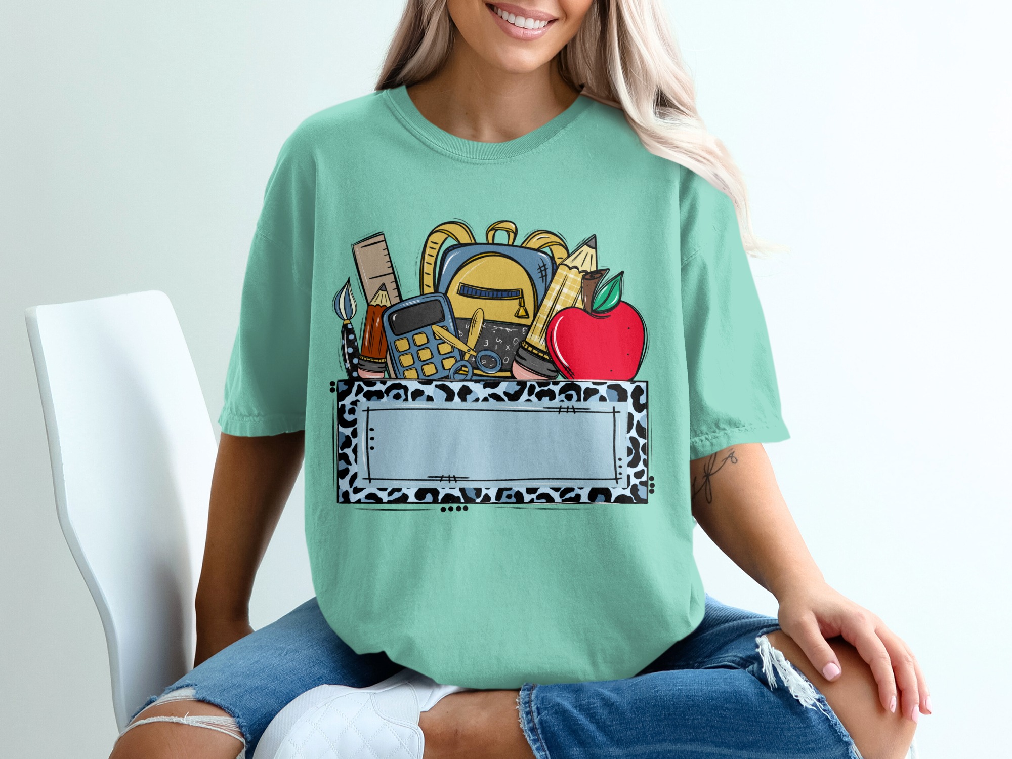 Custom Teacher T-Shirt, Personalized School Supplies Tee with Blue Leopard Print, Back to School Educator Gift, Made to Order Mascot Name - Image 10
