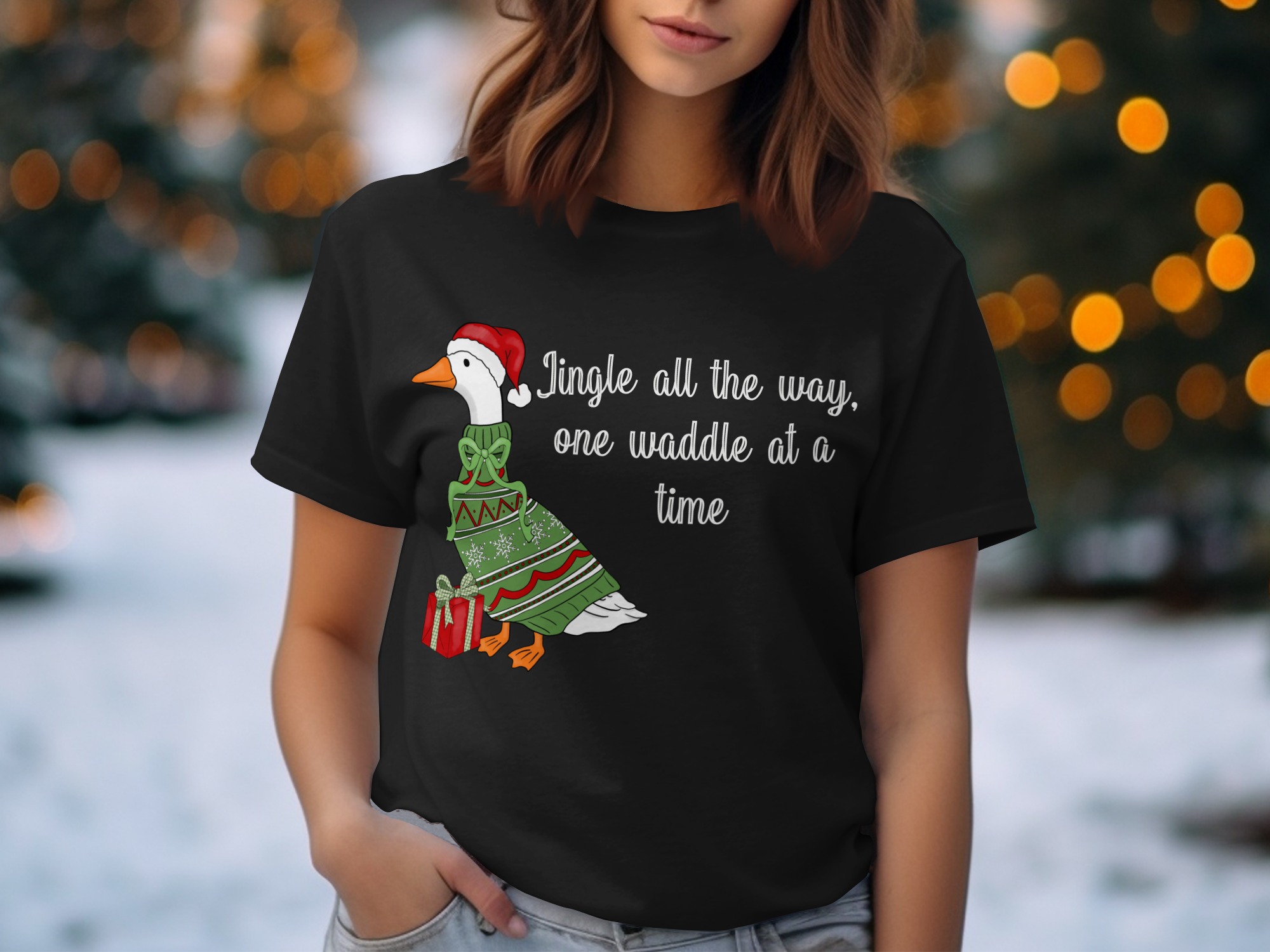 Funny Christmas Goose T-Shirt | Ugly Sweater Holiday Animal Tee | Jingle All The Way One Waddle At A Time Festive Top | Cute Winter Gift - Image 3
