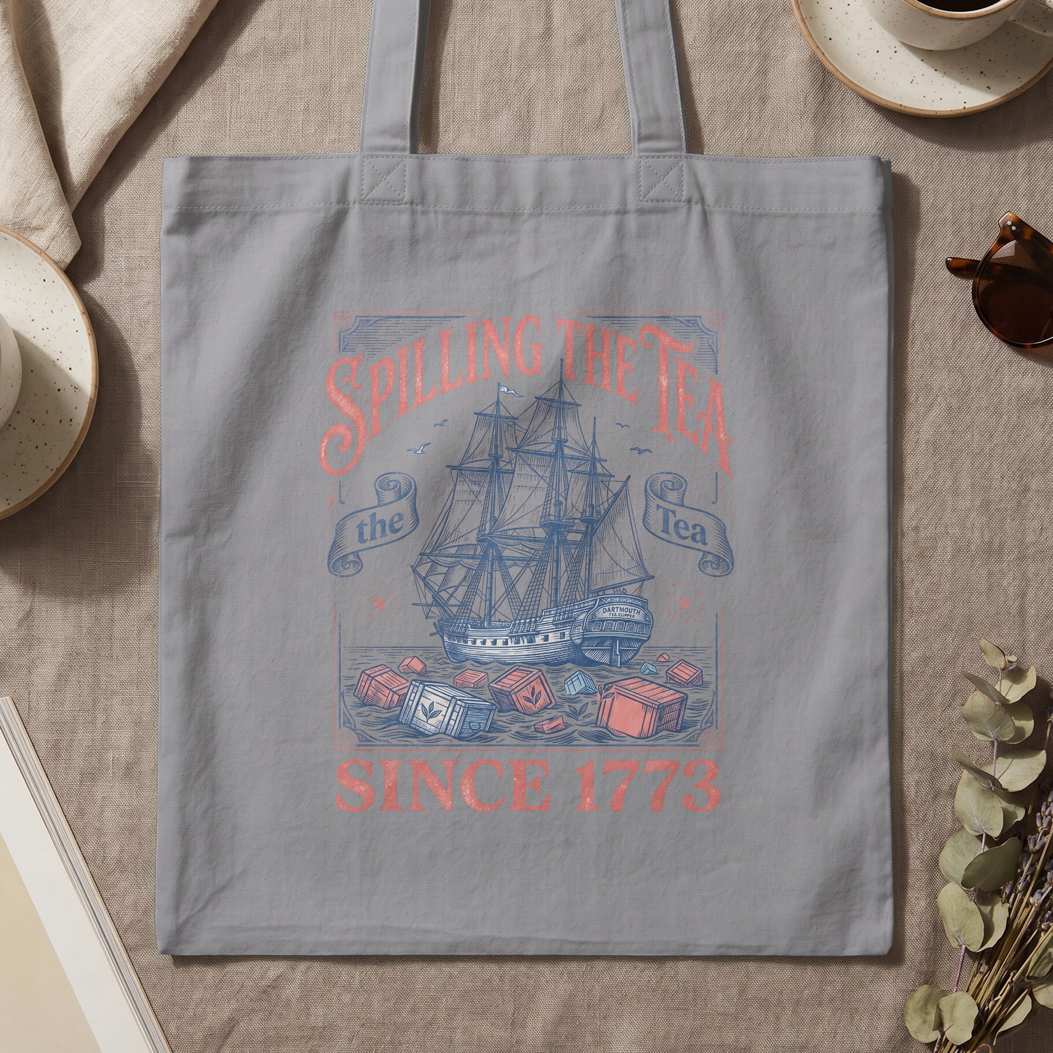 Spilling The Tea Since 1773 Tote Bag, Boston Tea Party Historic Ship Canvas Bag, Funny History Lover Gift, Vintage Graphic Book Bag - Image 3
