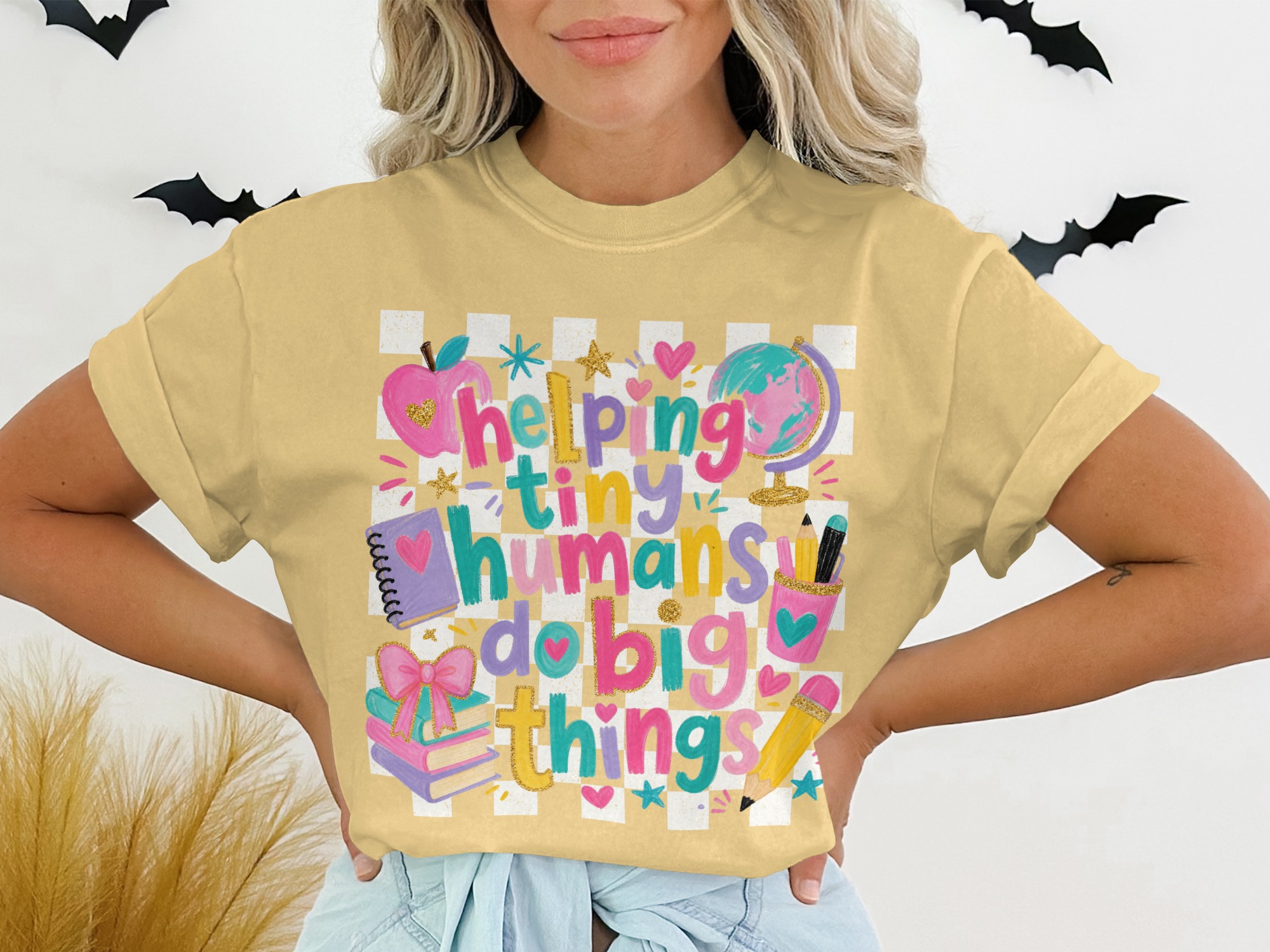 Teacher Appreciation T-Shirt, 'Helping Tiny Humans Do Big Things' Tee, Colorful Educator Gift for Women, Back to School Shirt for Teachers