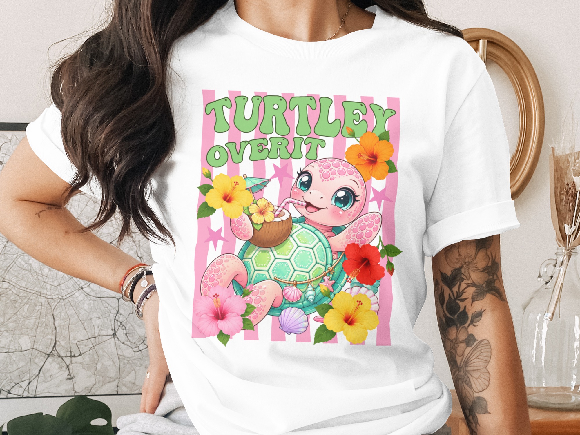 Turtley Over It T-Shirt, Cute Turtle Tee, Funny Beach Vibe Graphic Top, Kawaii Sea Turtle Lover Gift, Tropical Hibiscus Flowers Summer