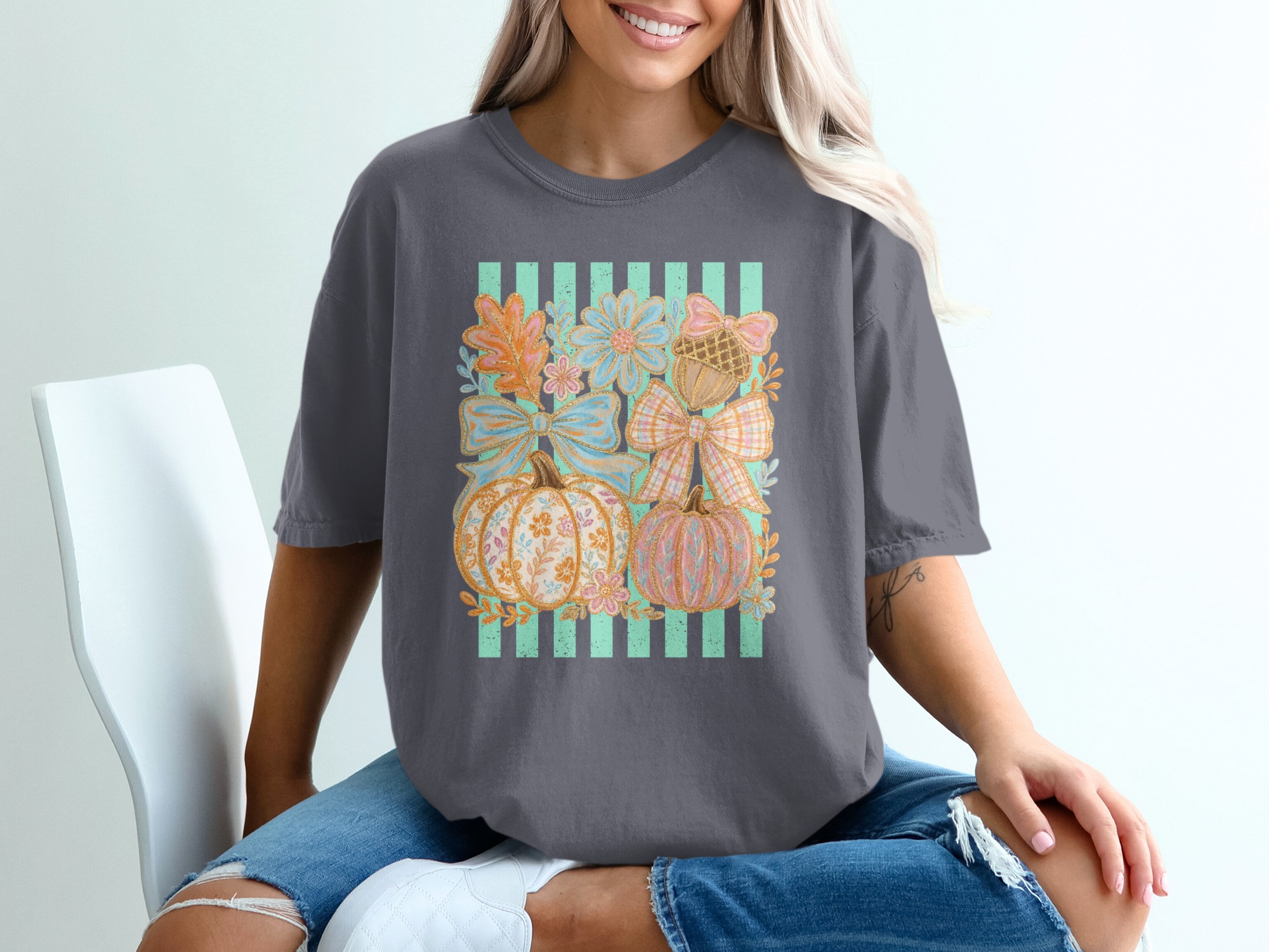 Fall Pumpkin T-Shirt Whimsical Pastel Cottagecore Autumn Vibes Tee Women's Cute Thanksgiving Harvest Shirt Gift - Image 2