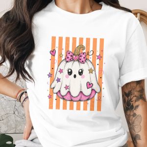 Comfort Colors® Cute Ghost Pumpkin Halloween T-Shirt | Kawaii Spooky Season Tee | Pink Bow Fall Pumpkin Patch Graphic Shirt for Her