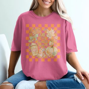 Cozy Fall Favorite Season T-Shirt | Retro Autumn Leaves Coffee Pumpkin Graphic Tee | Distressed Checkerboard Seasonal Shirt