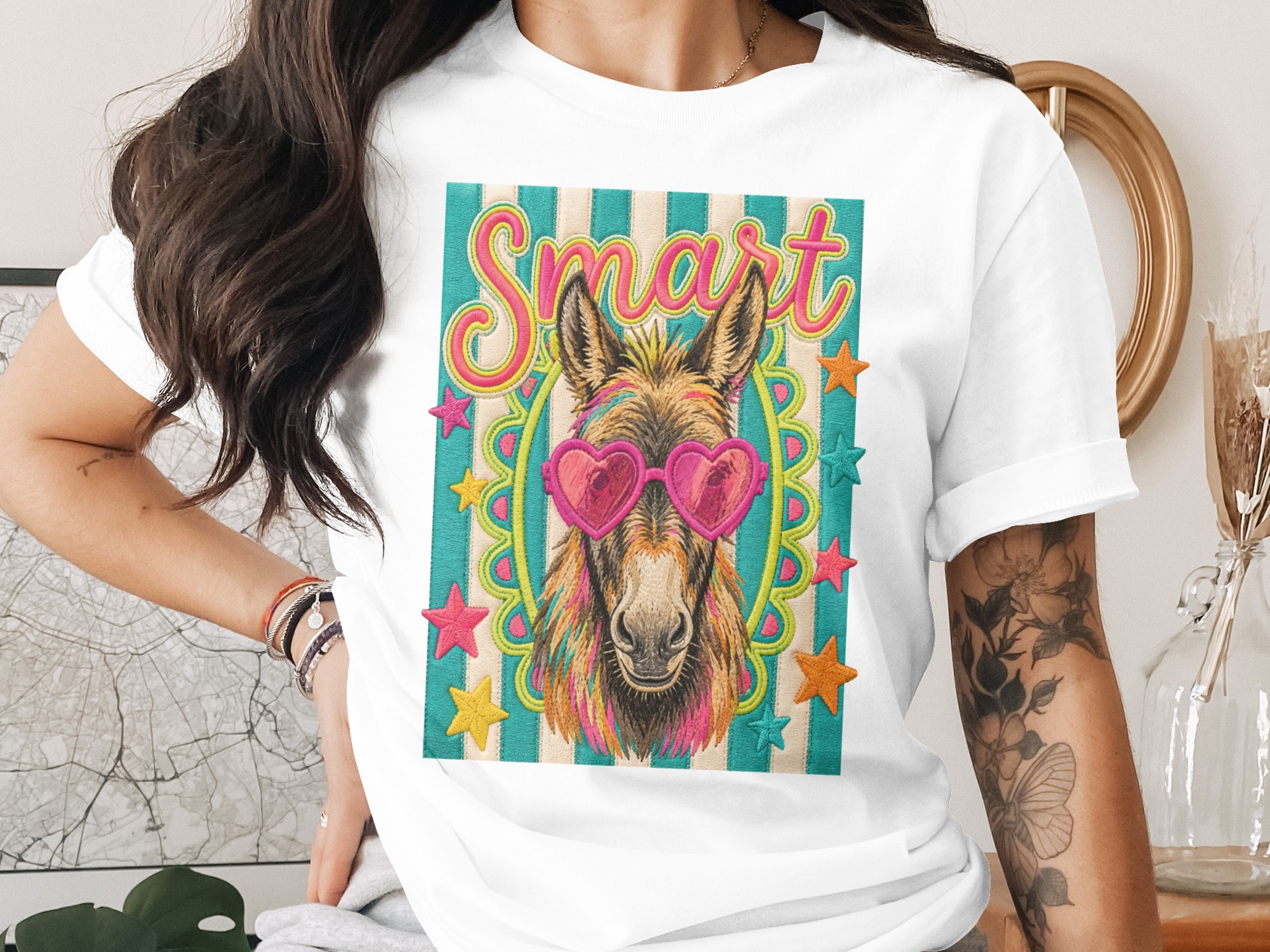 Smart Donkey T-Shirt, Comfort Colors ® Tee, Whimsical Animal Shirt, Faux Embroidered Graphic, Heart Glasses, Quirky Gift for Her