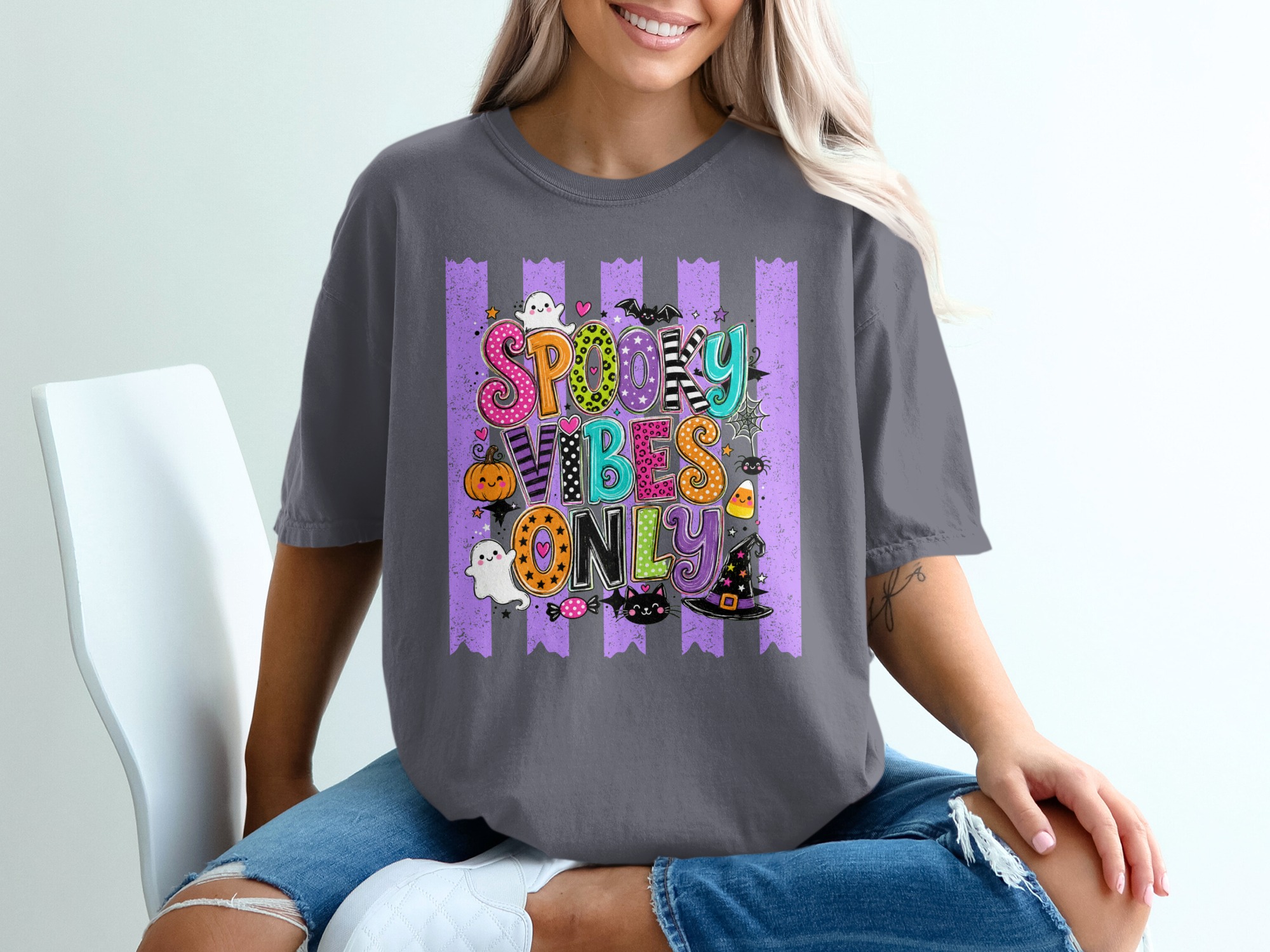 Spooky Vibes Only Halloween T-Shirt | Cute Fall Season Tee | Ghost Pumpkin Witch Hat Black Cat | Fun Holiday Top - Image 4