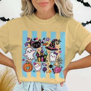 Cute Halloween Spooky Ghost T-Shirt, Kawaii Black Cat Witch Hat Pumpkin Tee, Whimsical Trick or Treat Kids & Adult Gift