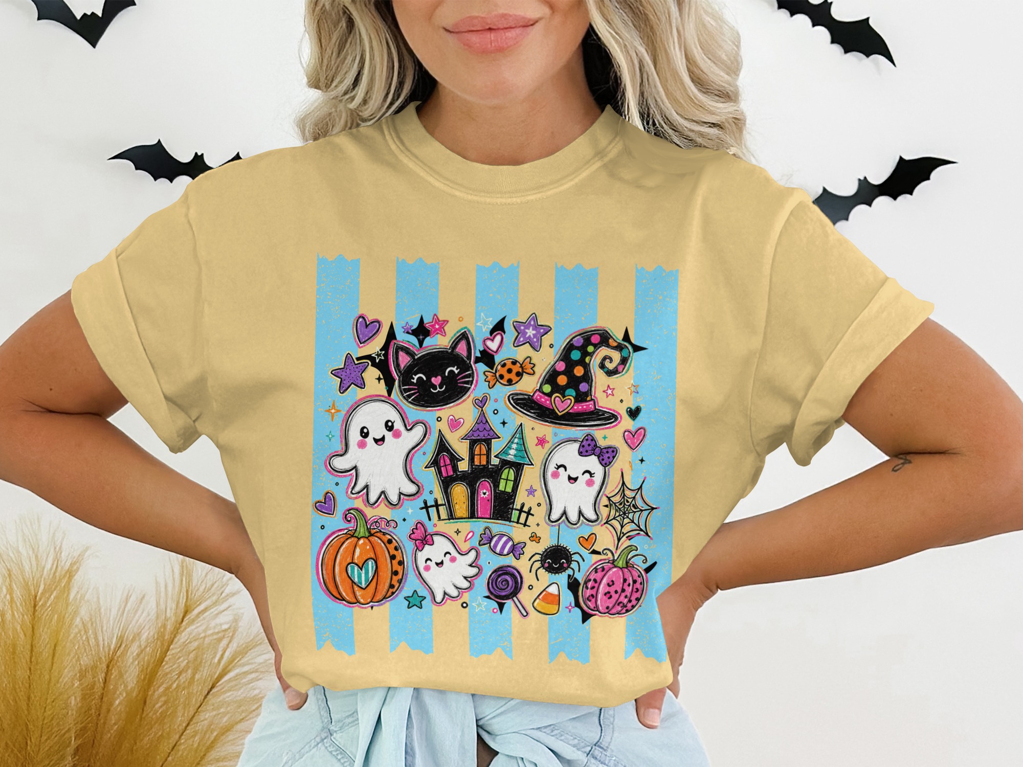 Cute Halloween Spooky Ghost T-Shirt, Kawaii Black Cat Witch Hat Pumpkin Tee, Whimsical Trick or Treat Kids & Adult Gift