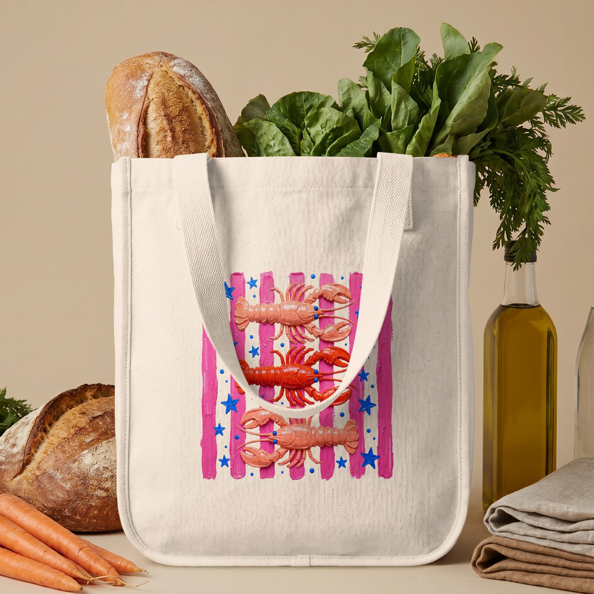 Lobster Tote Bag | Cute Pink Coastal Beach Summer Bag | Artistic Ocean Market Carryall with Star & Stripe Print - Image 6