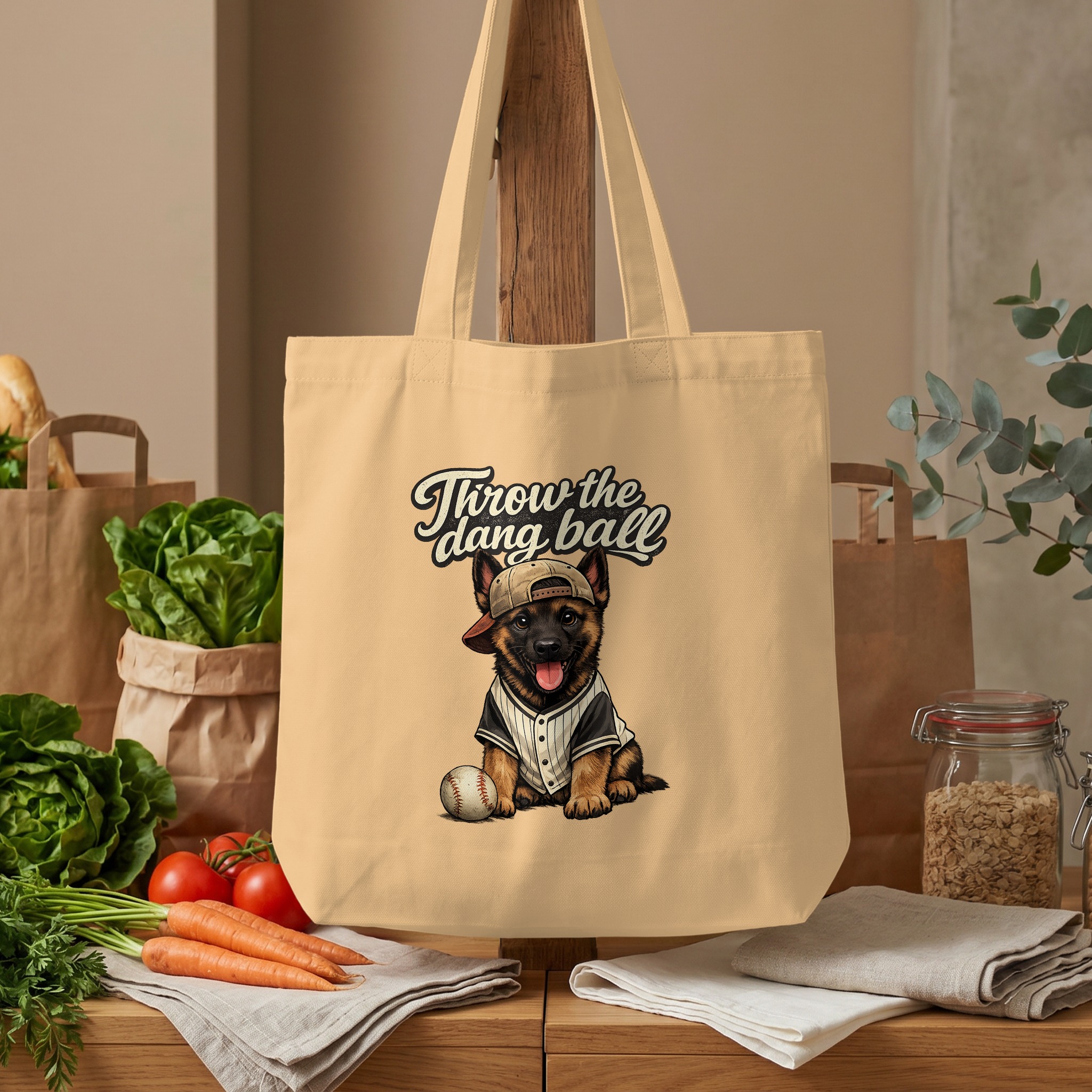 Throw the Dang Ball German Shepherd Tote Bag, Funny Baseball Dog Lover Gift for Dog Mom Dad, Cute Puppy Graphic Animal Canvas Shopper - Image 4