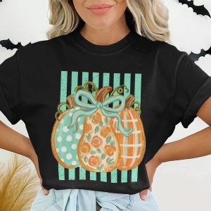Cute Autumn Pumpkin T-Shirt | Fall Season Floral Polka Dot Plaid Pumpkins Tee | Trendy Harvest Festival Design Top