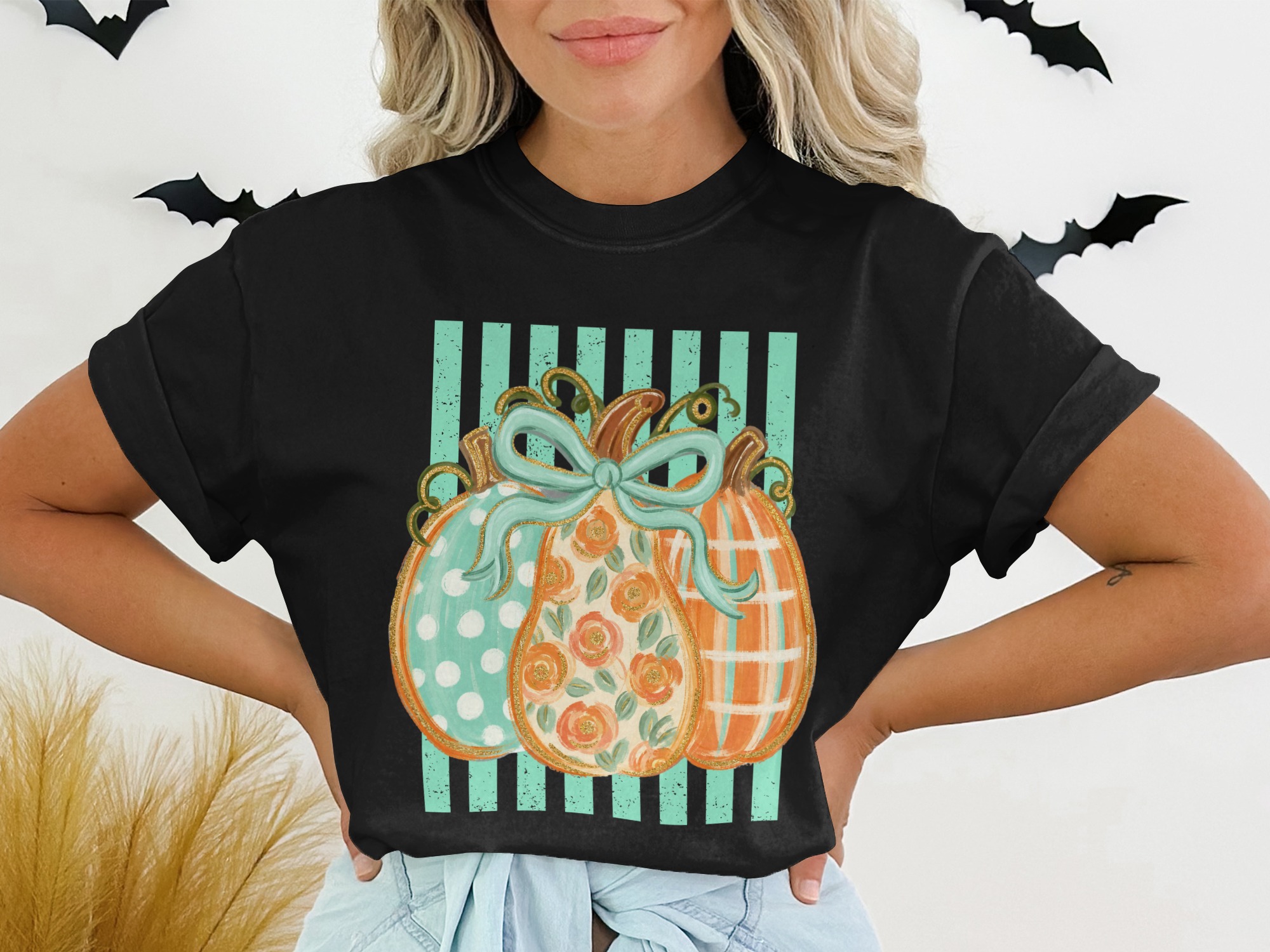Cute Autumn Pumpkin T-Shirt | Fall Season Floral Polka Dot Plaid Pumpkins Tee | Trendy Harvest Festival Design Top