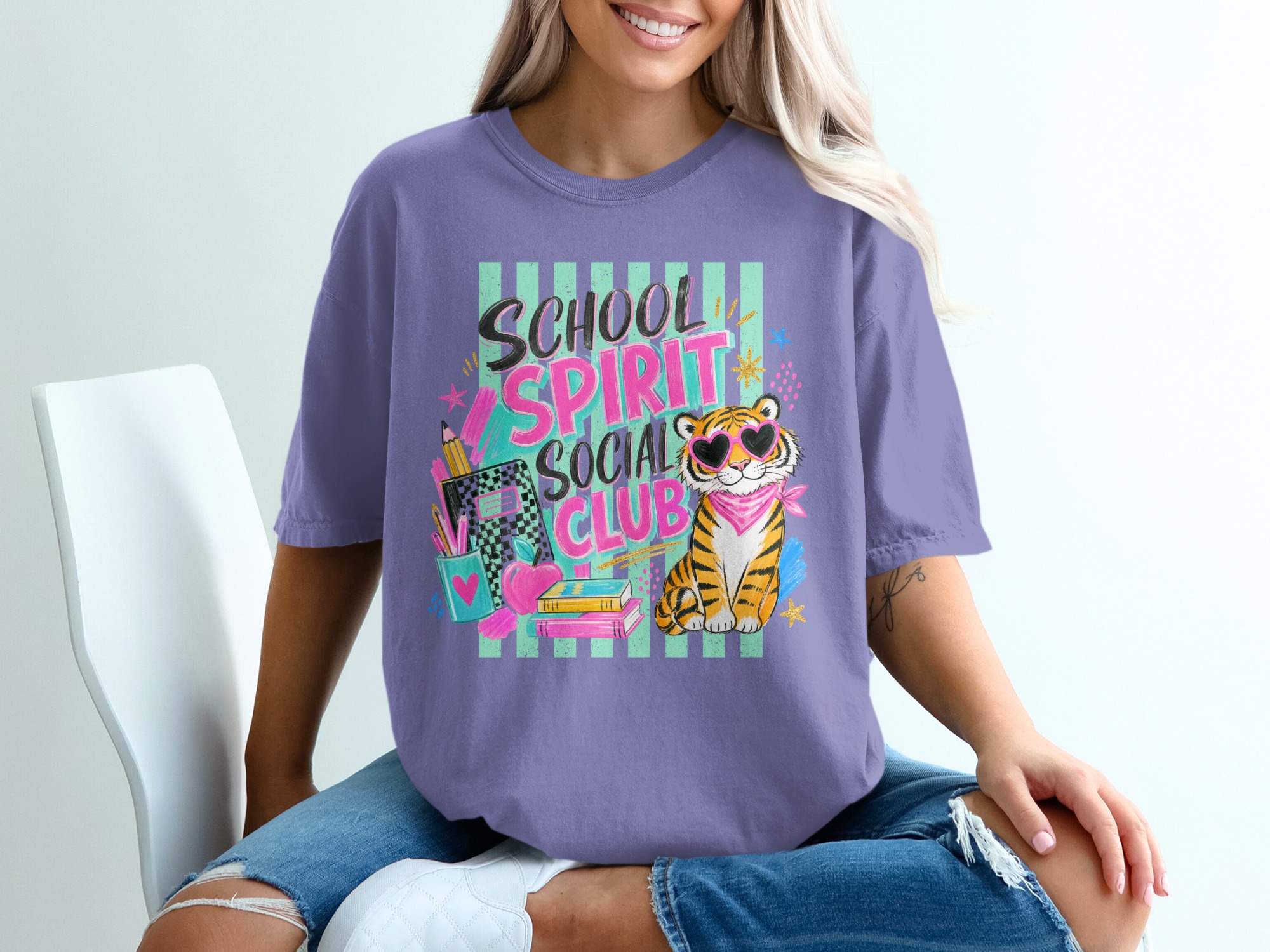 School Spirit Social Club T-Shirt, Cool Teacher Student Gift, Retro Tiger Graphic Tee, Y2K Vibes, Back to School Apparel - Image 3