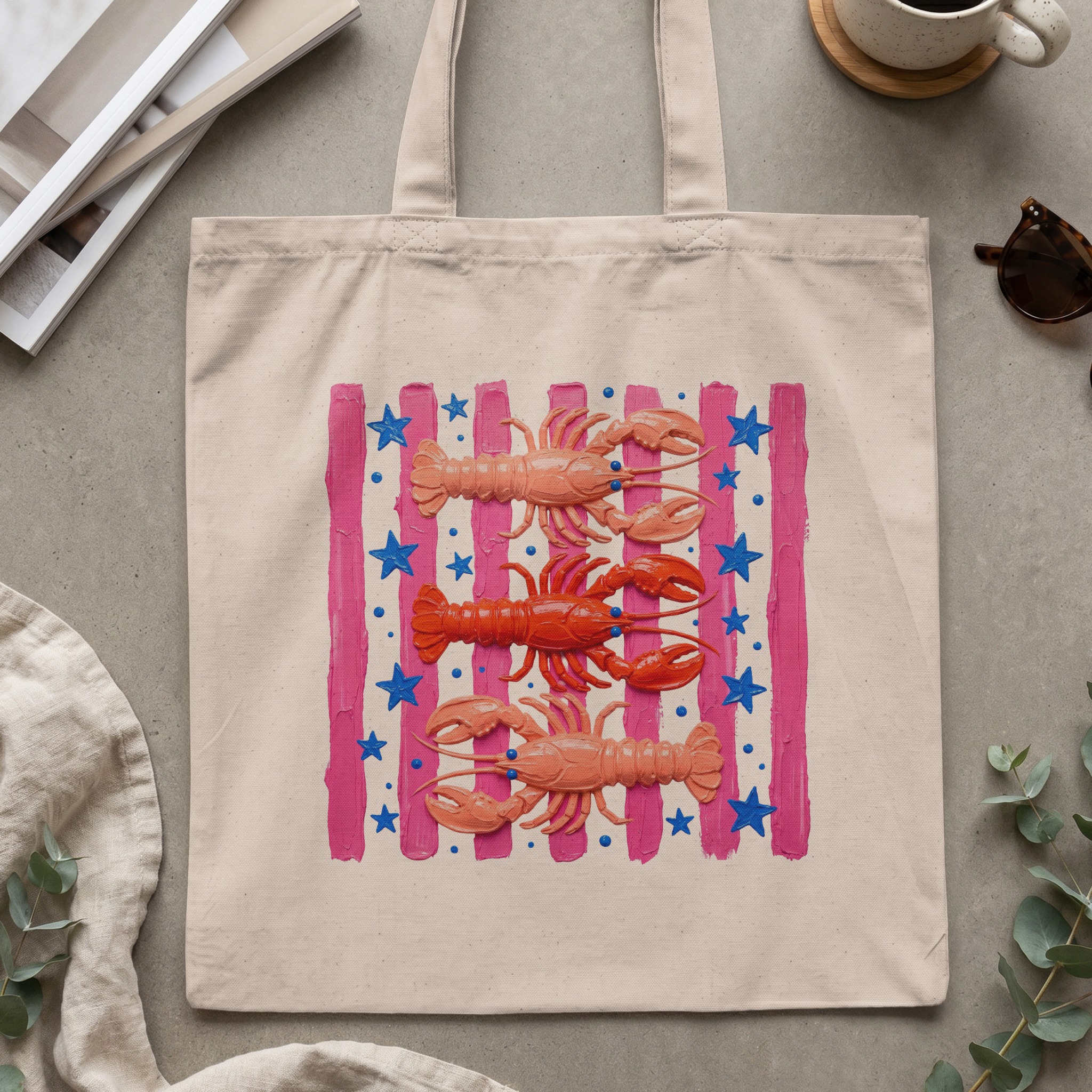 Lobster Tote Bag | Cute Pink Coastal Beach Summer Bag | Artistic Ocean Market Carryall with Star & Stripe Print - Image 2