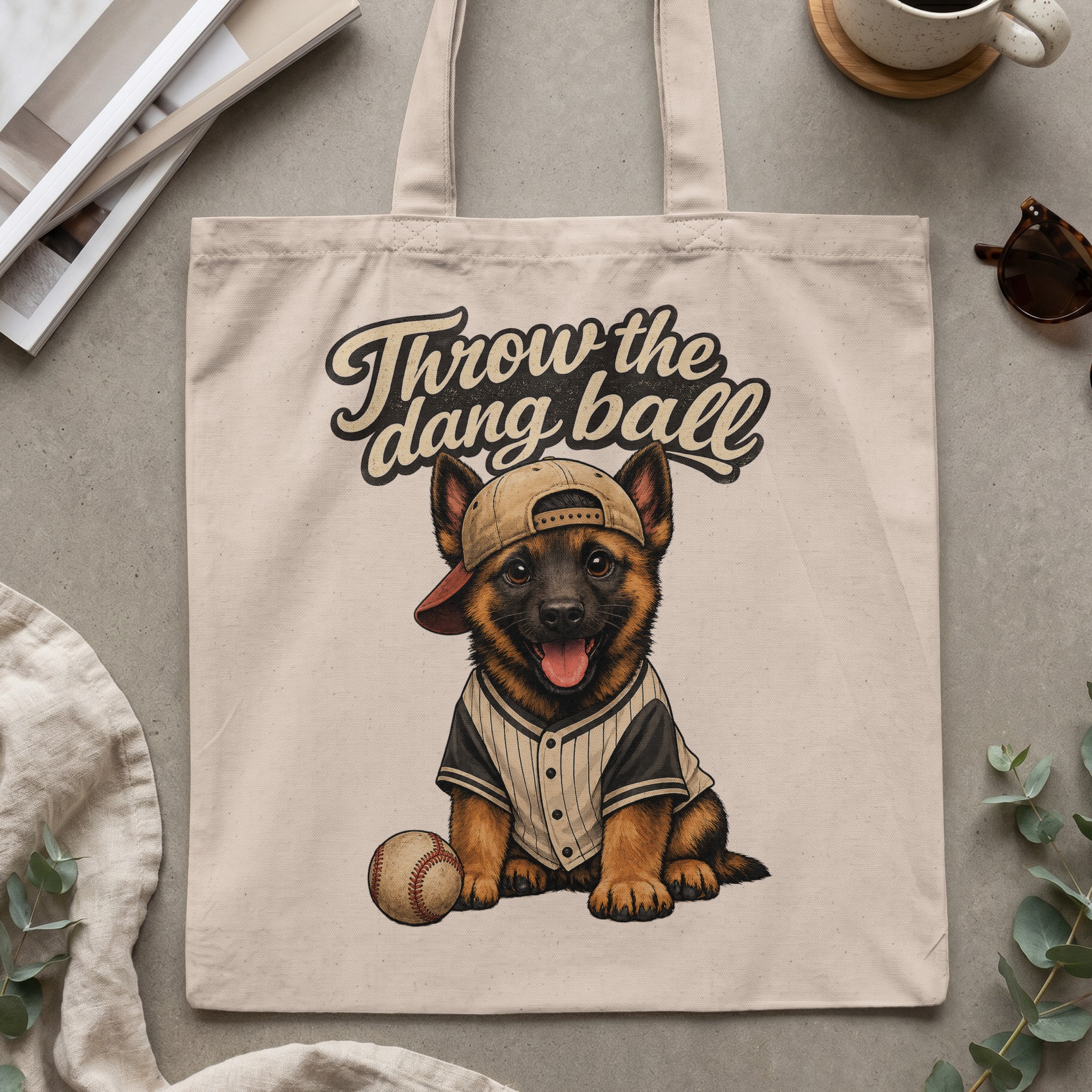 German Shepherd Puppy Baseball Tote Bag | Funny Dog Lover Gift | Throw The Dang Ball Pet Owner Canvas Bag - Image 2