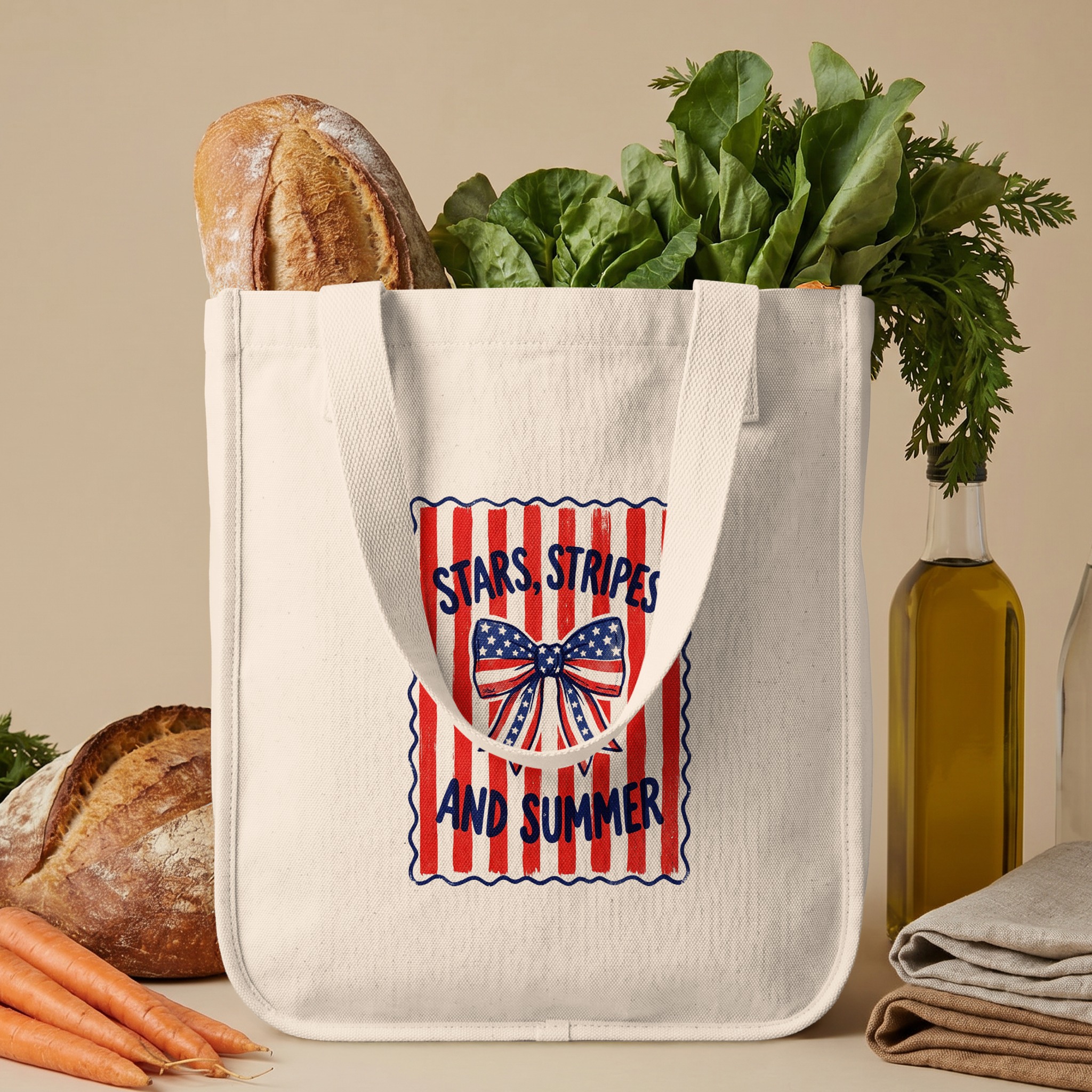 Stars, Stripes, and Summer Tote Bag | Patriotic American Flag Bow Design | Vintage Style Summer Canvas Bag Gift - Image 6