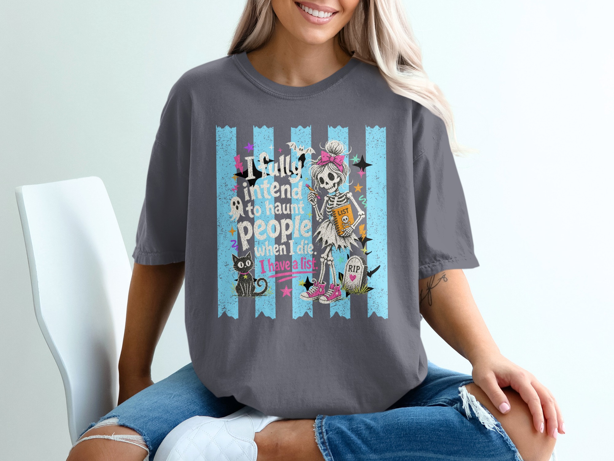 I Have A List Skeleton T-Shirt, Funny Halloween Tee, Sassy Spooky Cute Pastel Goth Shirt, Black Cat Ghost List Graphic Tee Gift - Image 5