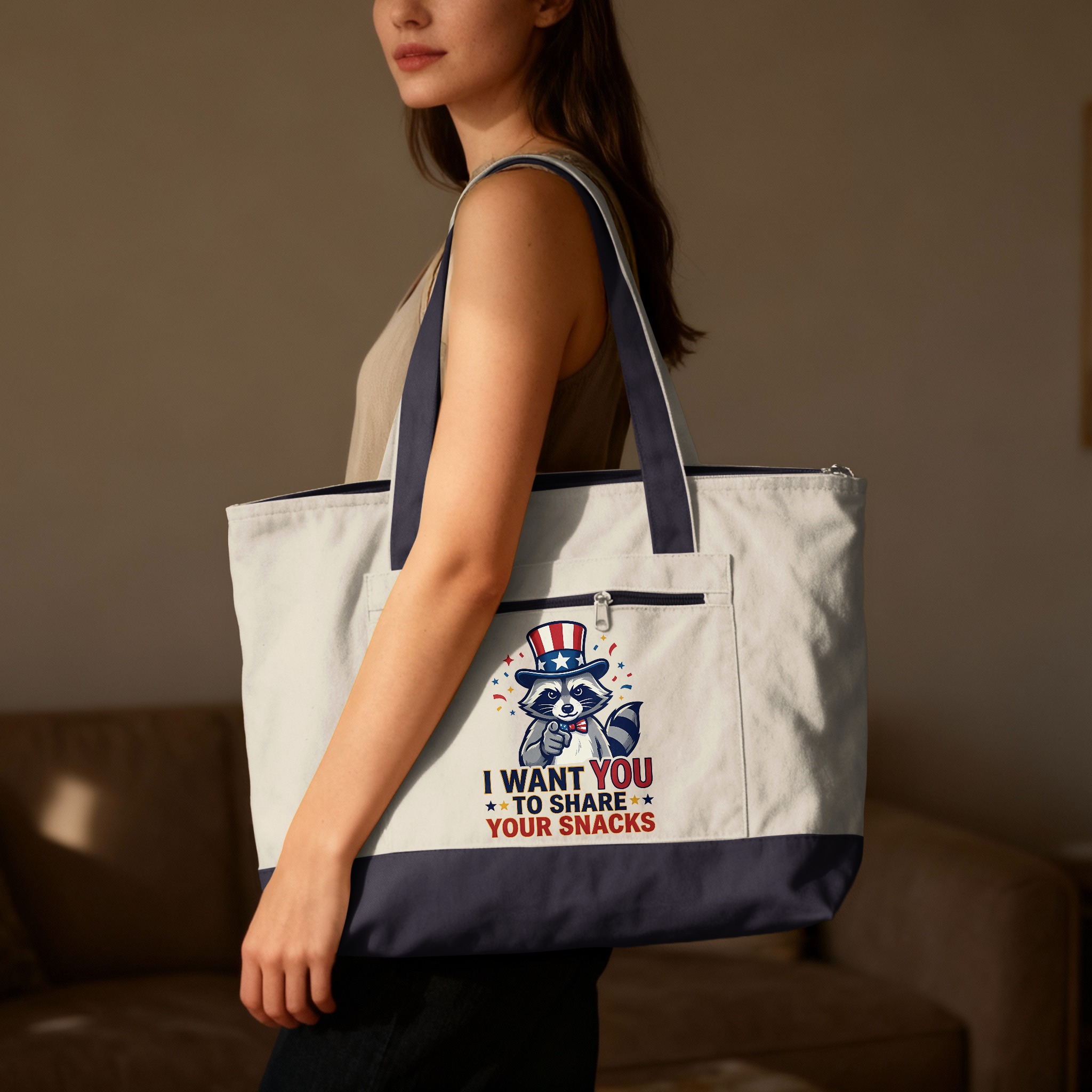 Funny Raccoon Tote Bag, I Want You To Share Snacks, Quirky Uncle Sam Animal Canvas Shopper Carryall Gift - Image 7