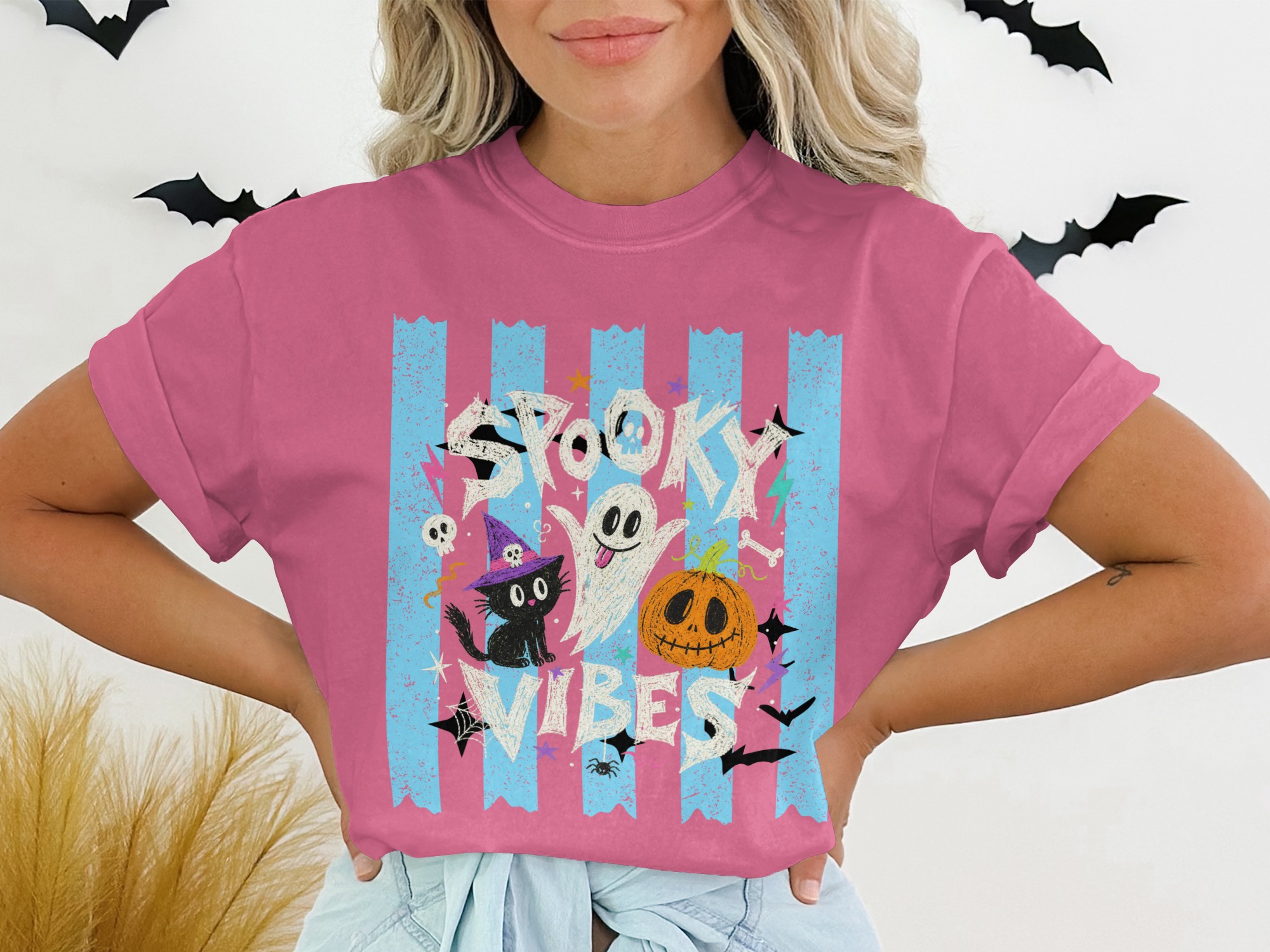 Spooky Vibes Halloween Graphic Tee | Cute Ghost Witchy Cat Jack O Lantern Fall Season Women's Trendy Funny Spooky T-Shirt Gift - Image 12