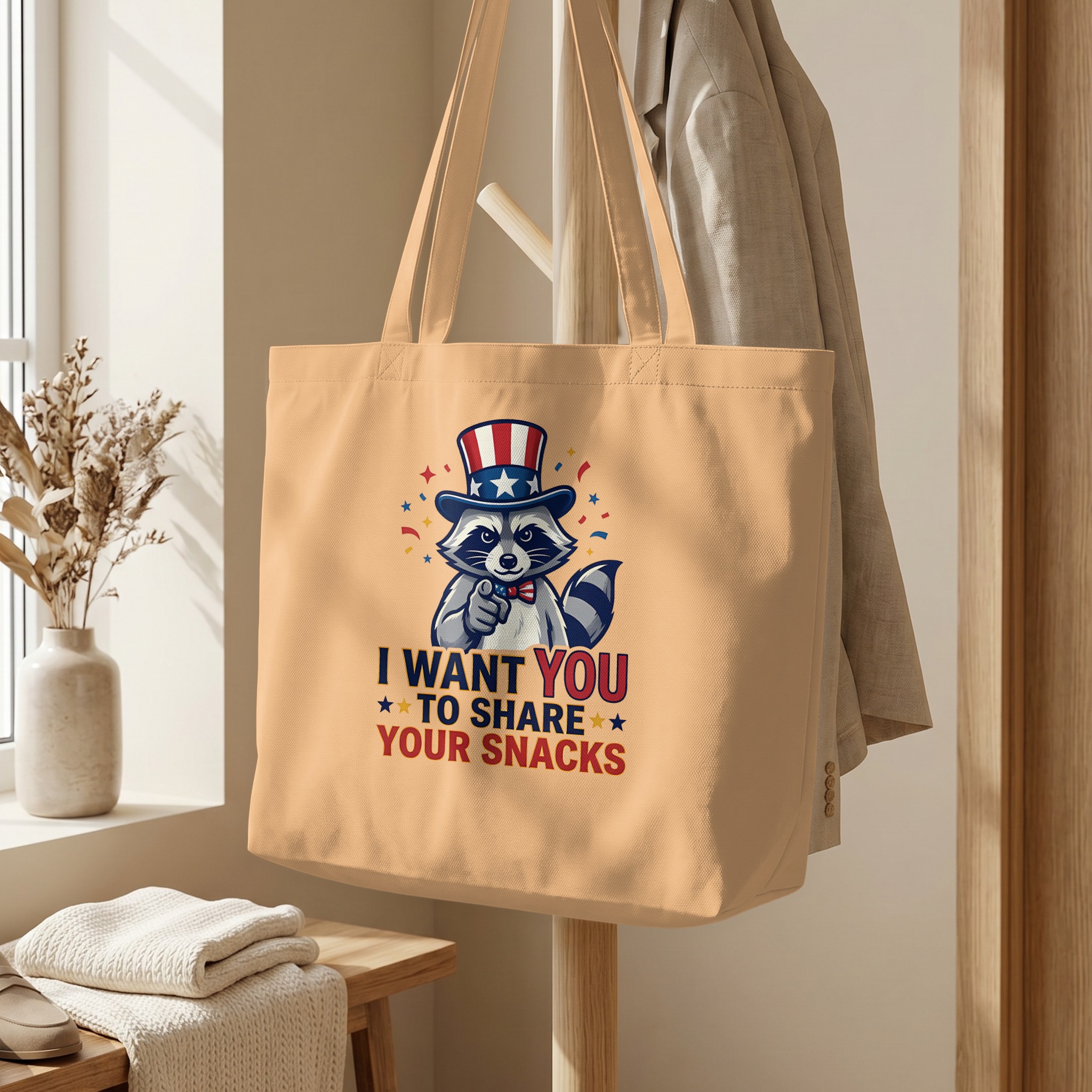 Funny Raccoon Tote Bag, I Want You To Share Snacks, Quirky Uncle Sam Animal Canvas Shopper Carryall Gift - Image 5