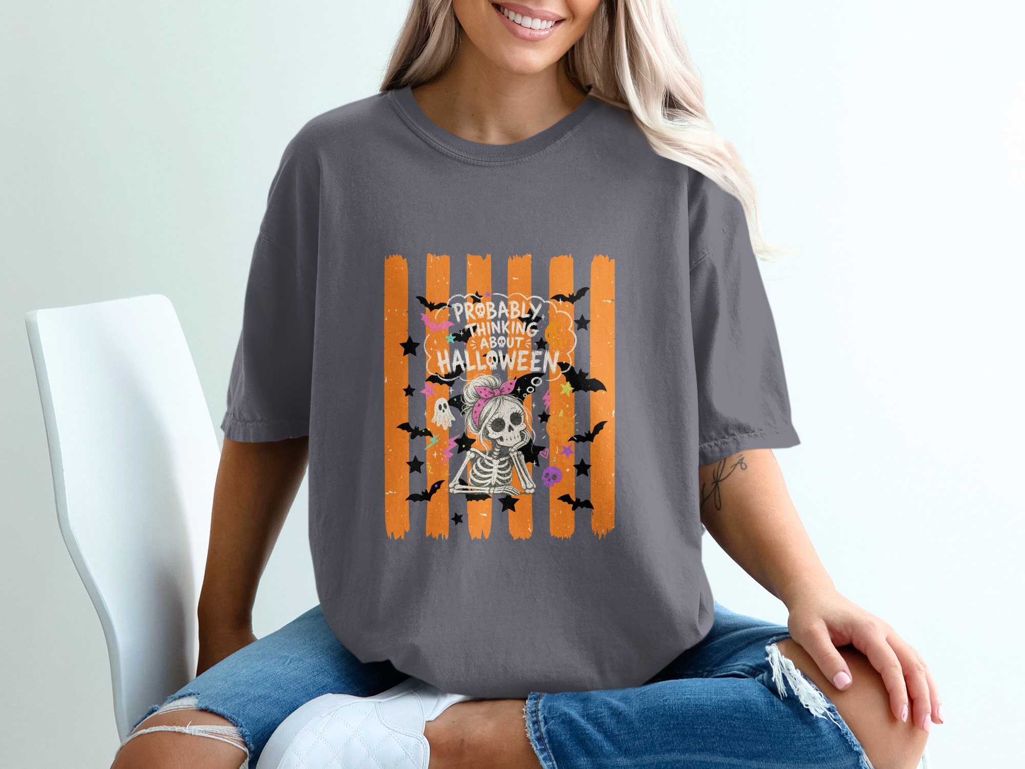 Probably Thinking About Halloween Cute Skeleton T-Shirt, Spooky Season Bat & Ghost Tee, Funny Fall Vibe Top For Women - Image 2