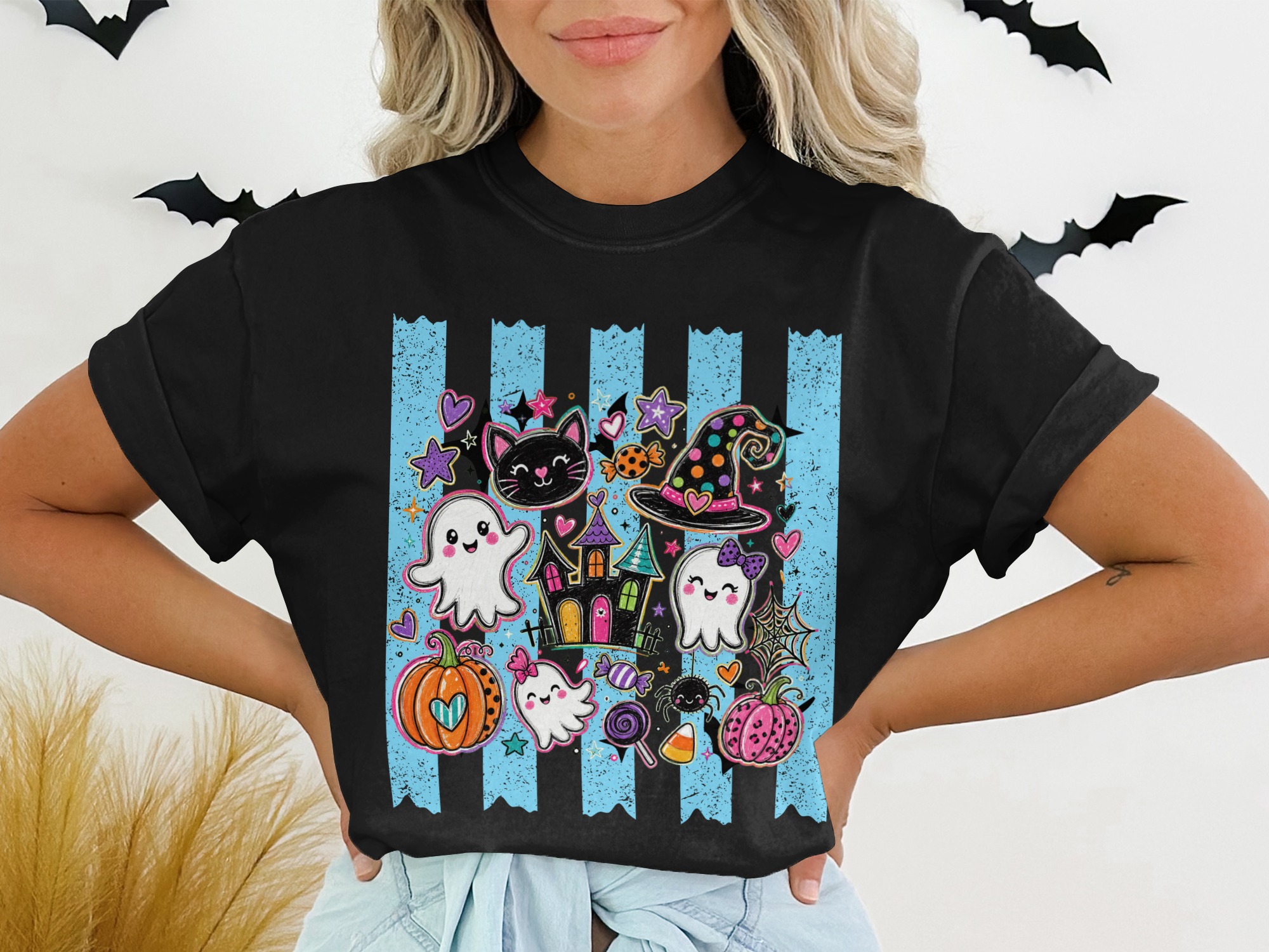 Cute Halloween Spooky Ghost T-Shirt, Kawaii Black Cat Witch Hat Pumpkin Tee, Whimsical Trick or Treat Kids & Adult Gift - Image 2