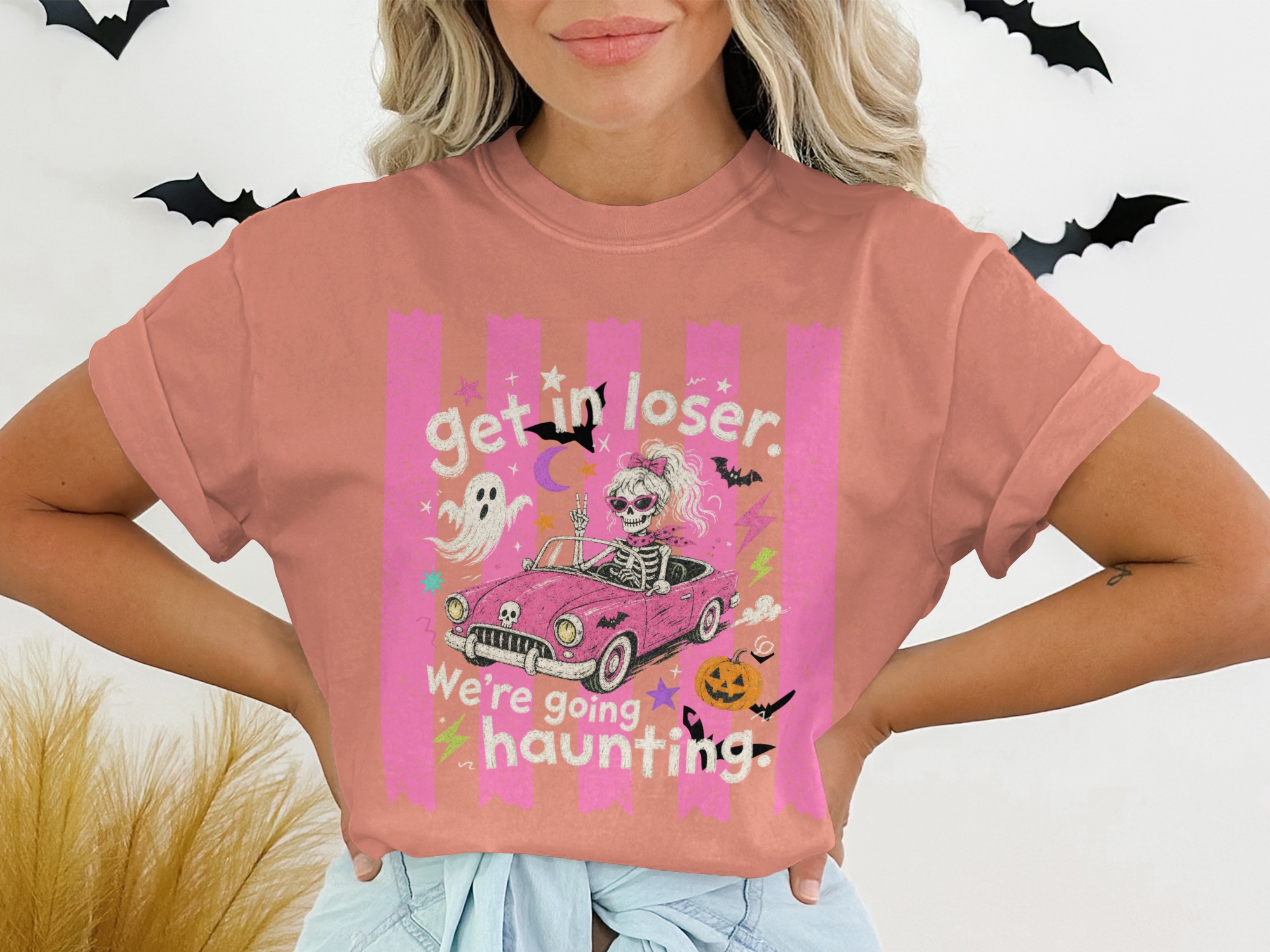 Mean Ghoul Halloween Shirt - Get In Loser We're Going Haunting Retro Funny Skeleton Barbie Driver T-Shirt - Image 2
