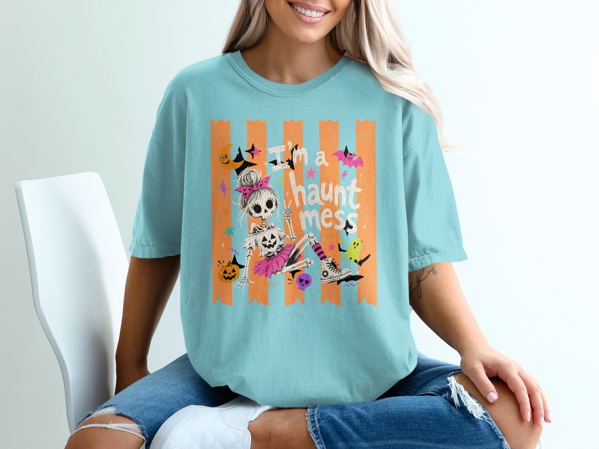 Spooky Cute Haunt Mess Skeleton Girl T-Shirt, Kawaii Pastel Goth Halloween Tee, Fun Y2K Fall Season Shirt for Women & Teens - Image 8