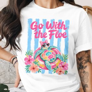 Go With The Floe Cute Sea Turtle T-Shirt, Fun Summer Beach Vacation Tee, Colorful Preppy Ocean Vibe Heart Sunglasses Animal Lover Apparel